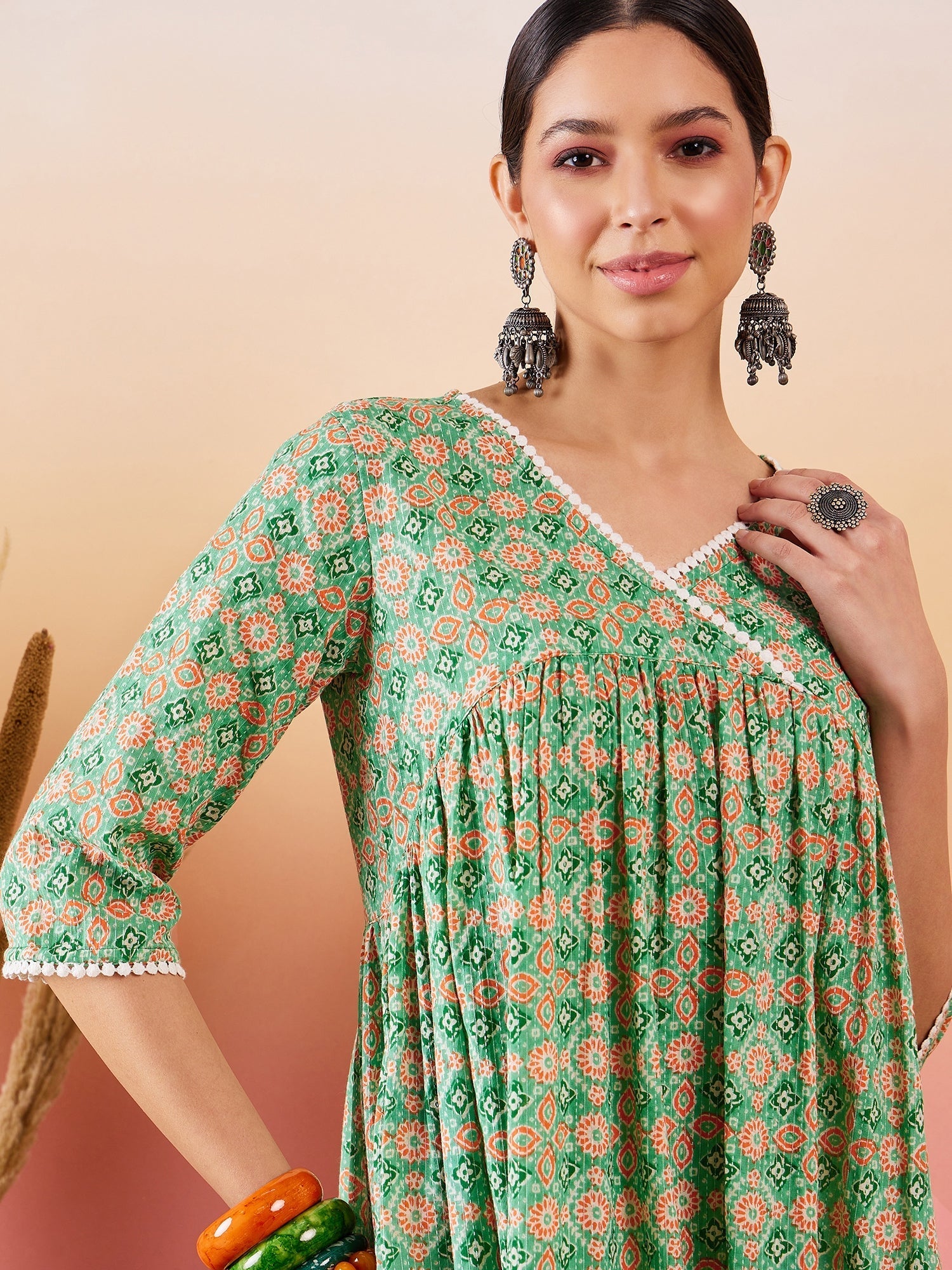 InWeave Cool Green Kantha Print Angrakha V Neck Lace Dress - Swadesiicart