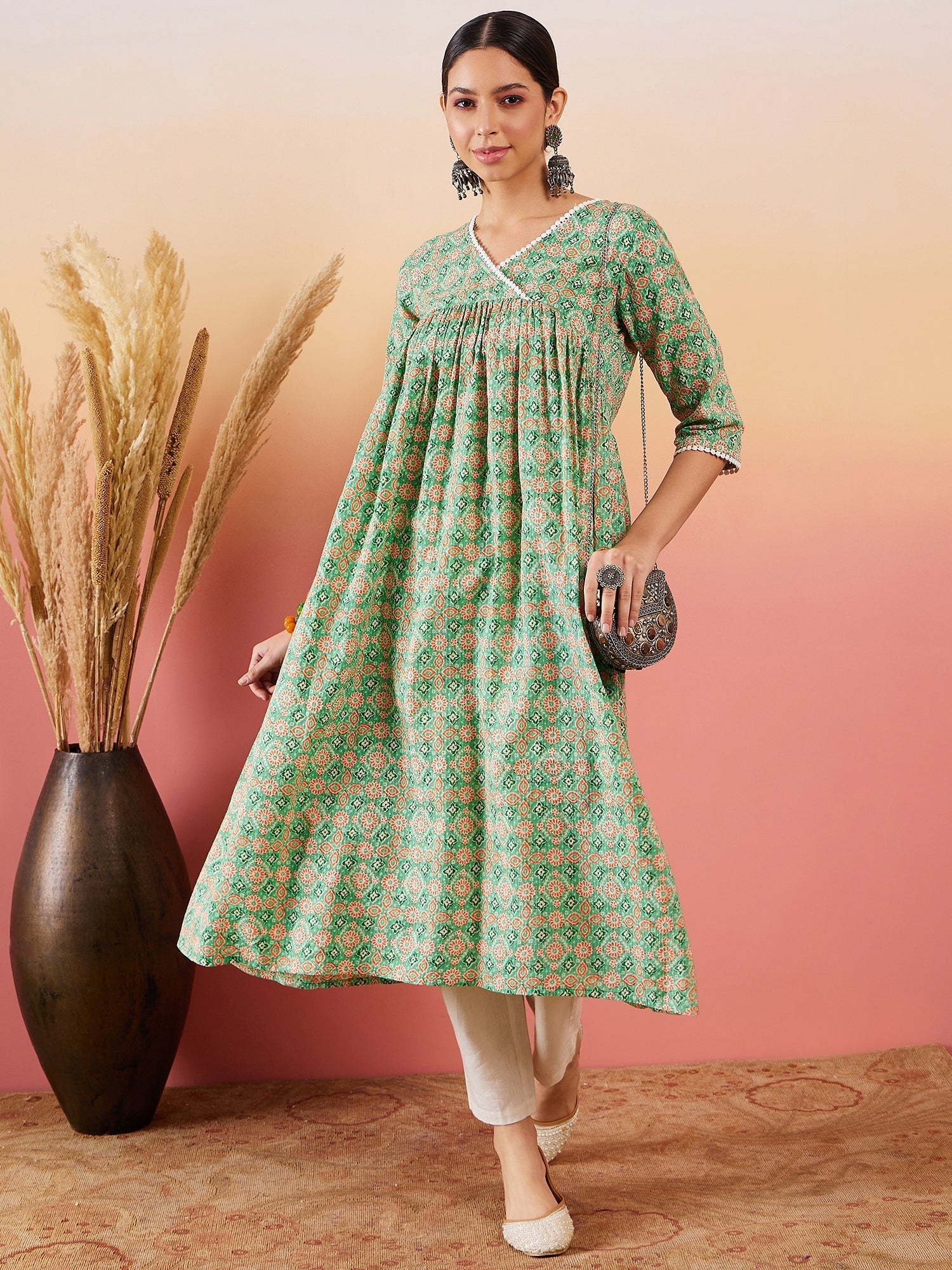 InWeave Cool Green Kantha Print Angrakha V Neck Lace Dress - Swadesiicart