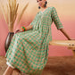 InWeave Cool Green Kantha Print Angrakha V Neck Lace Dress - Swadesiicart