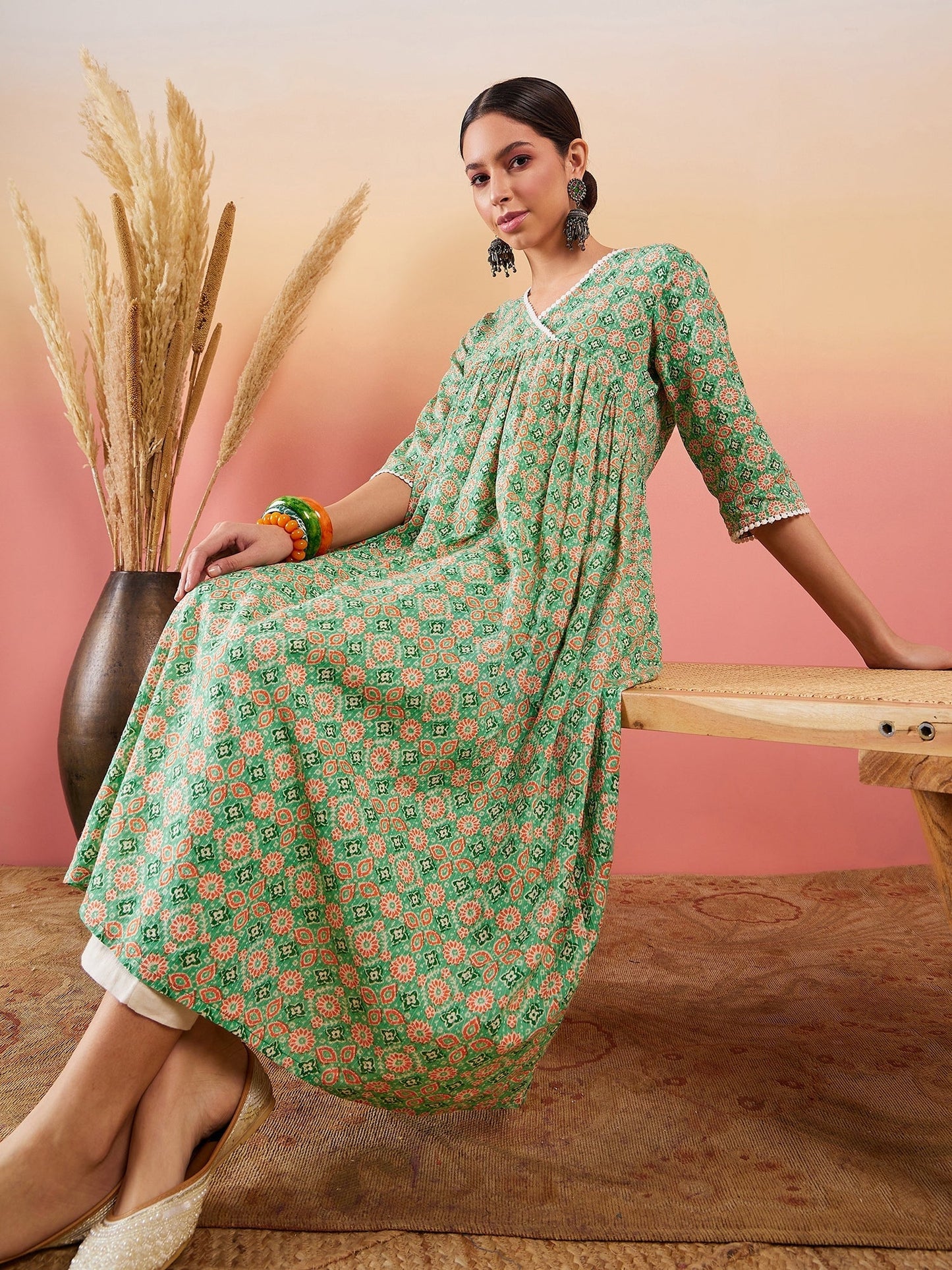 InWeave Cool Green Kantha Print Angrakha V Neck Lace Dress - Swadesiicart