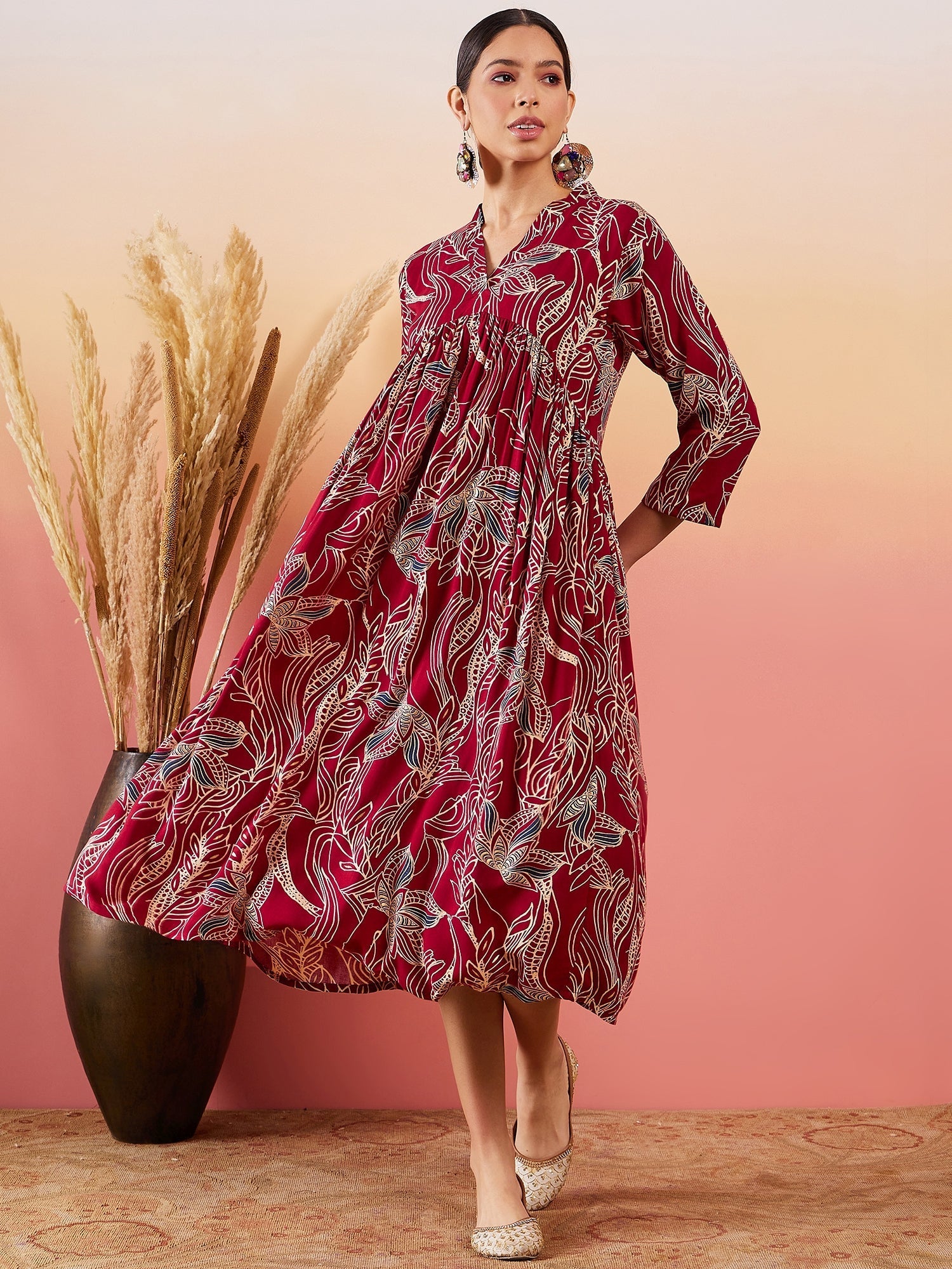 InWeave Maroon Beige Blue Print Deep V Neck Flared Dress - Swadesiicart