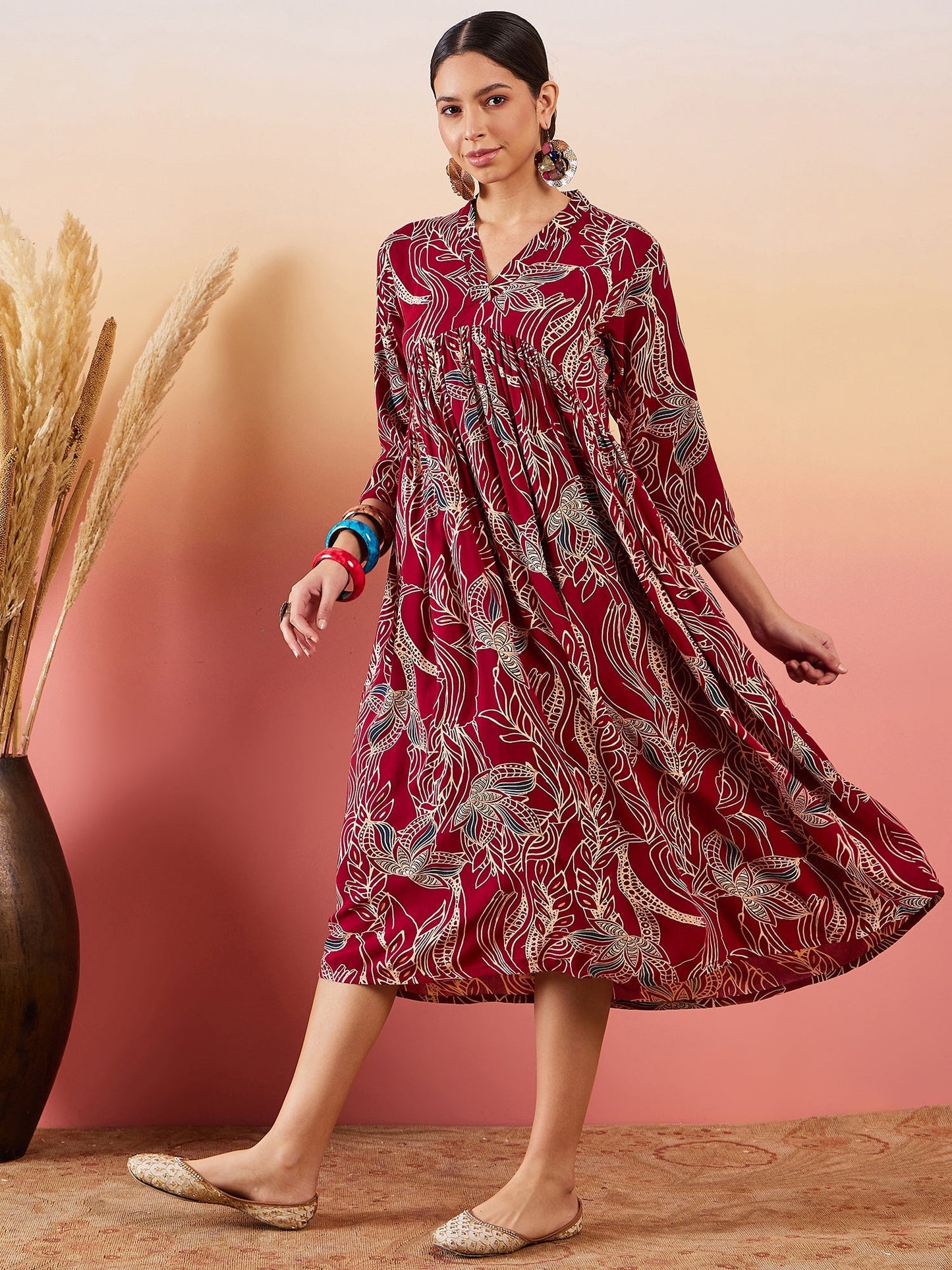 InWeave Maroon Beige Blue Print Deep V Neck Flared Dress - Swadesiicart