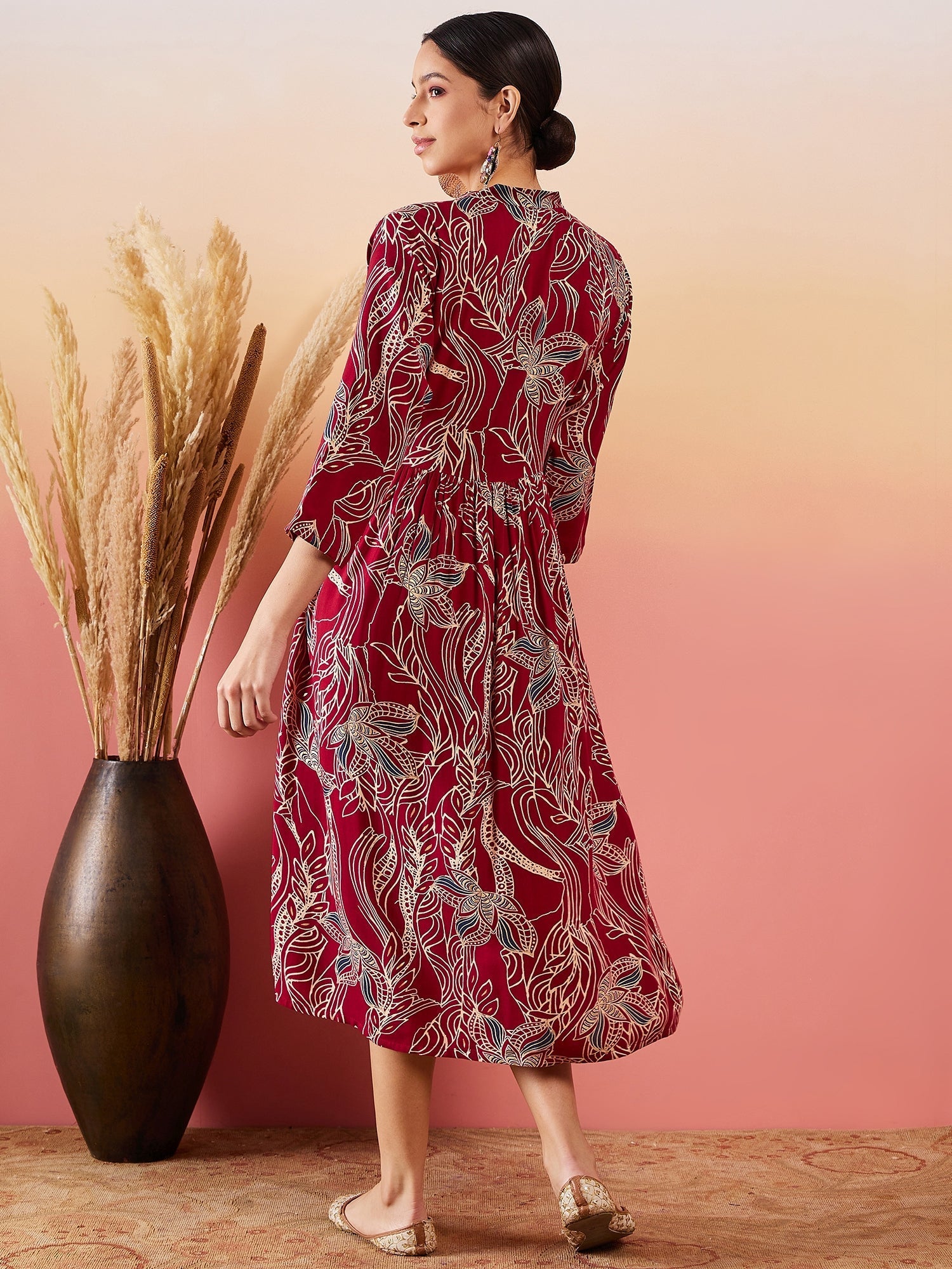 InWeave Maroon Beige Blue Print Deep V Neck Flared Dress - Swadesiicart