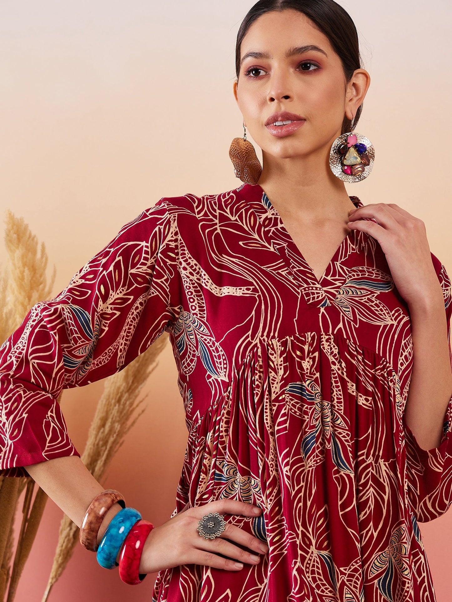 InWeave Maroon Beige Blue Print Deep V Neck Flared Dress - Swadesiicart