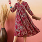 InWeave Maroon Beige Blue Print Deep V Neck Flared Dress - Swadesiicart