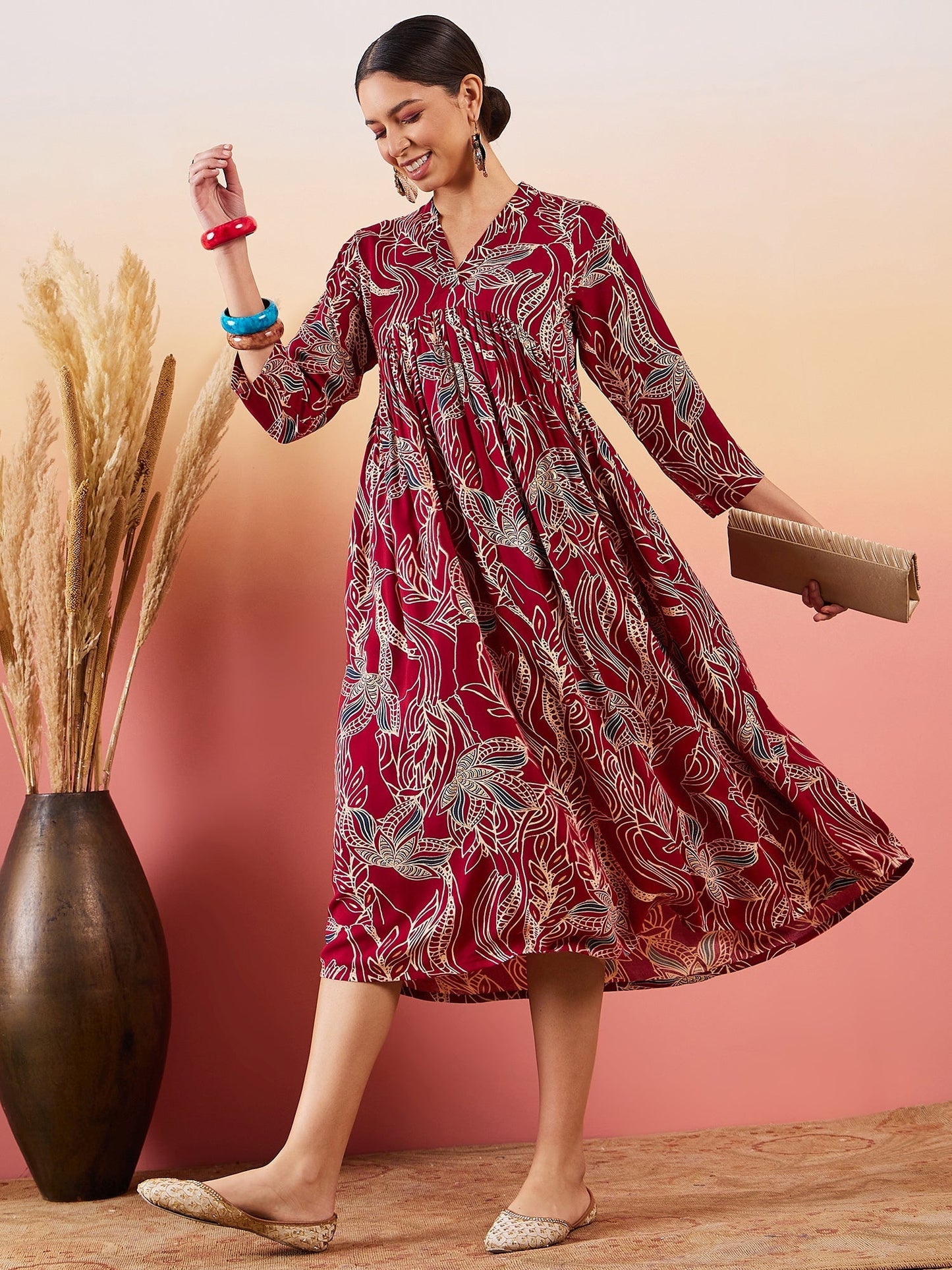 InWeave Maroon Beige Blue Print Deep V Neck Flared Dress - Swadesiicart