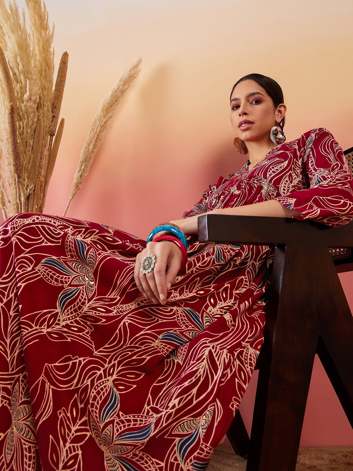 InWeave Maroon Beige Blue Print Deep V Neck Flared Dress - Swadesiicart