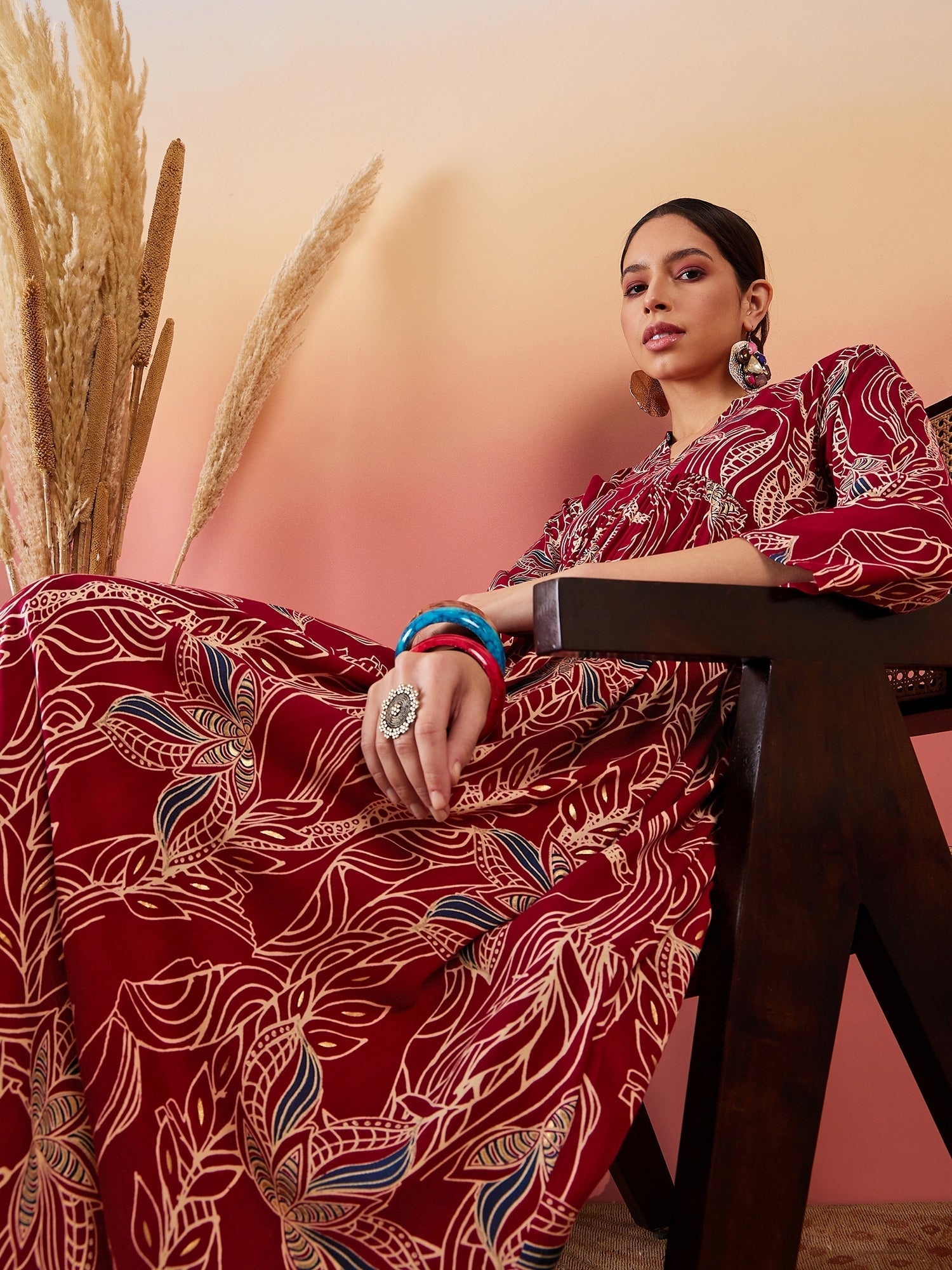 InWeave Maroon Beige Blue Print Deep V Neck Flared Dress - Swadesiicart