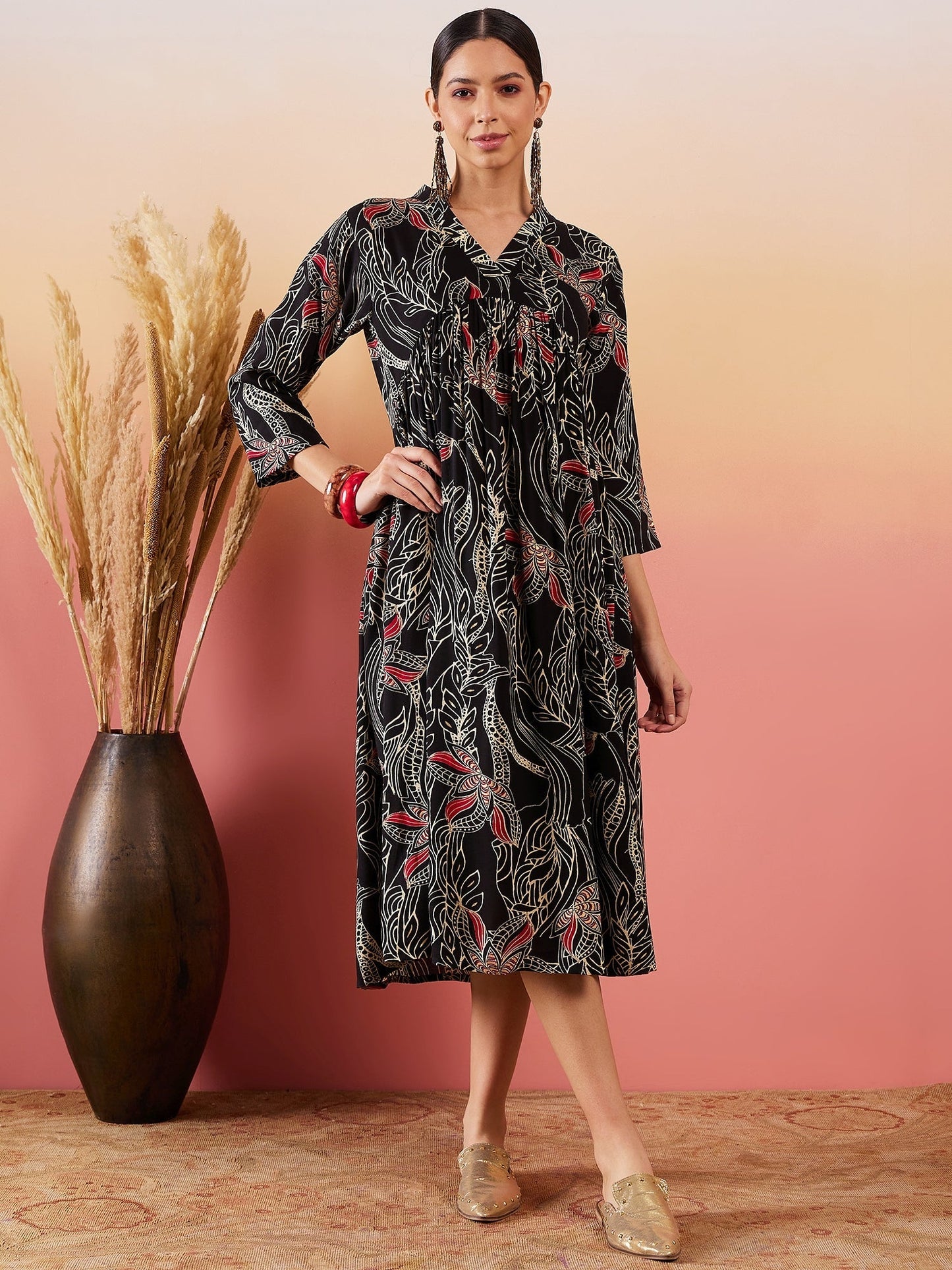InWeave Black Beige Red Print Deep V Neck Flared Dress - Swadesiicart