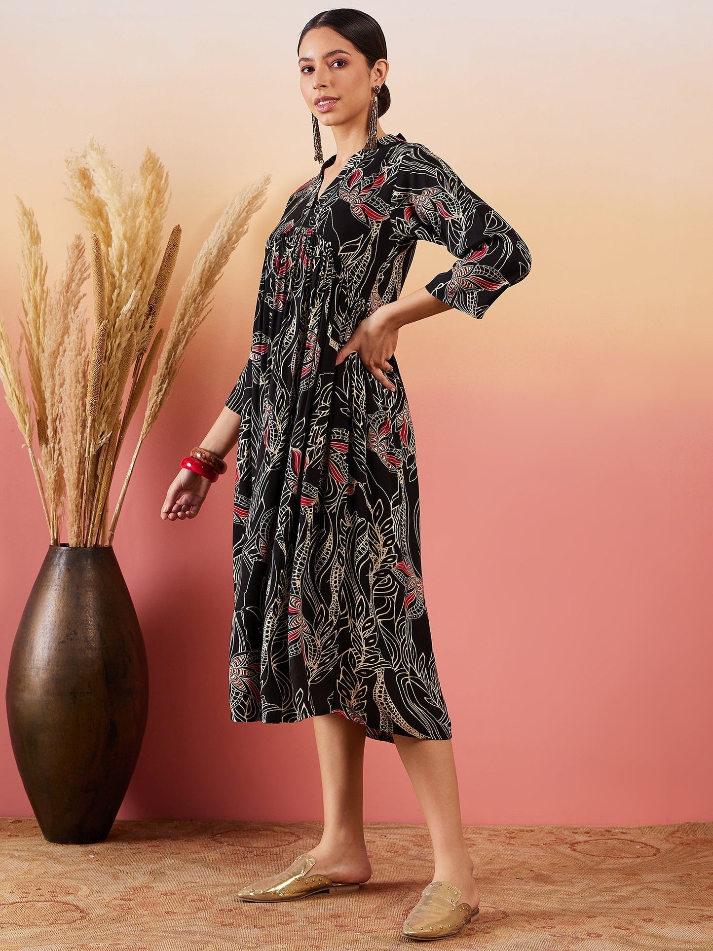 InWeave Black Beige Red Print Deep V Neck Flared Dress - Swadesiicart
