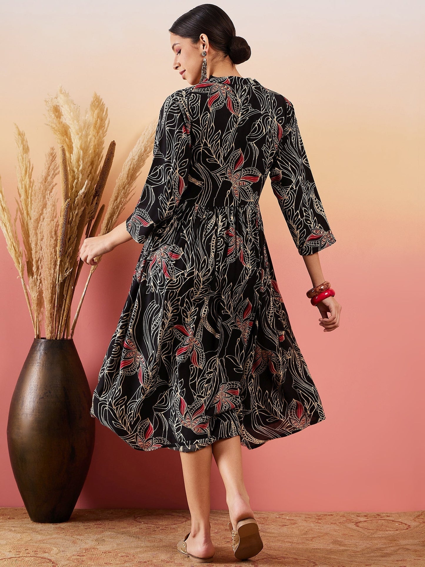 InWeave Black Beige Red Print Deep V Neck Flared Dress - Swadesiicart