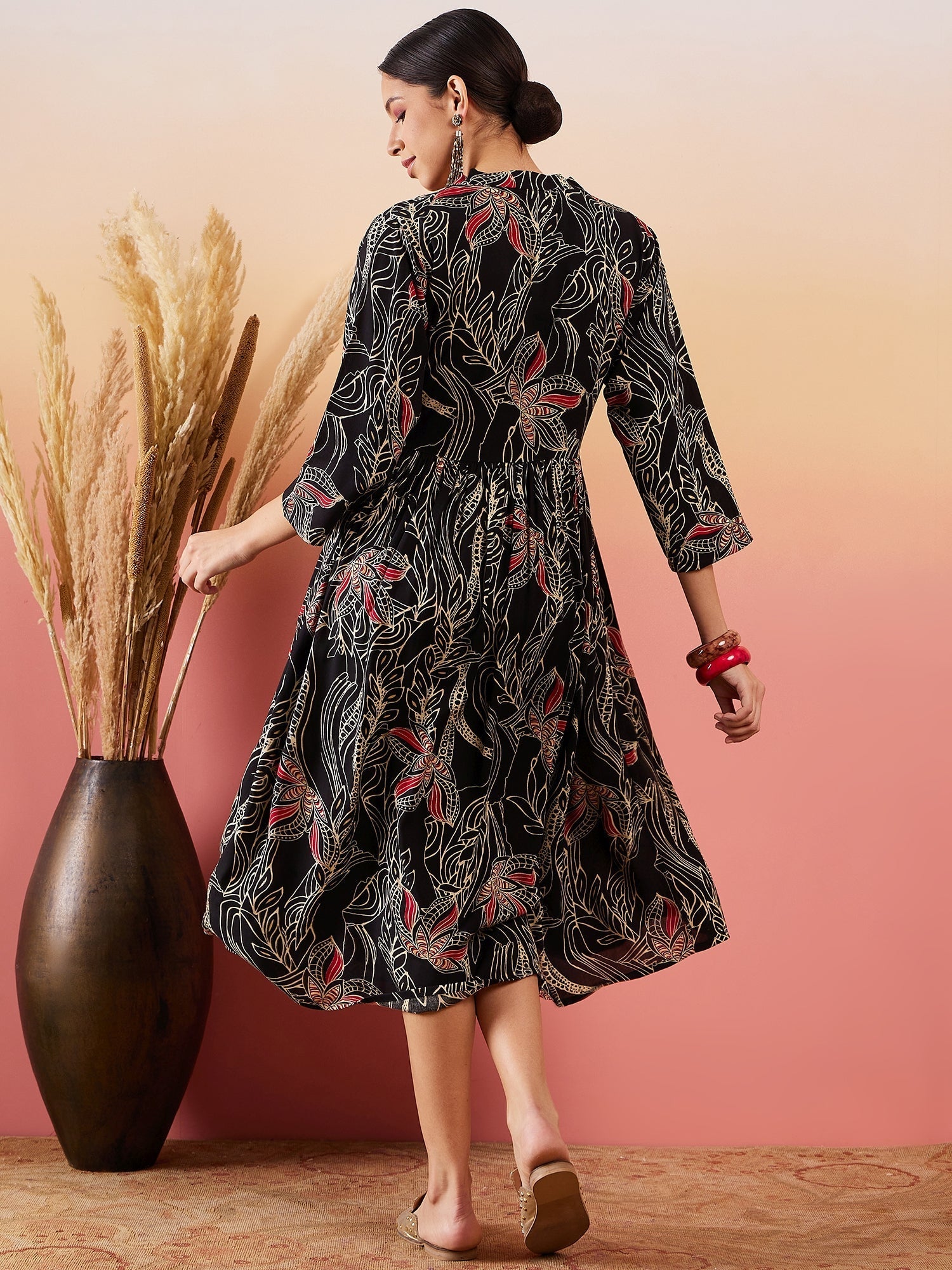 InWeave Black Beige Red Print Deep V Neck Flared Dress - Swadesiicart