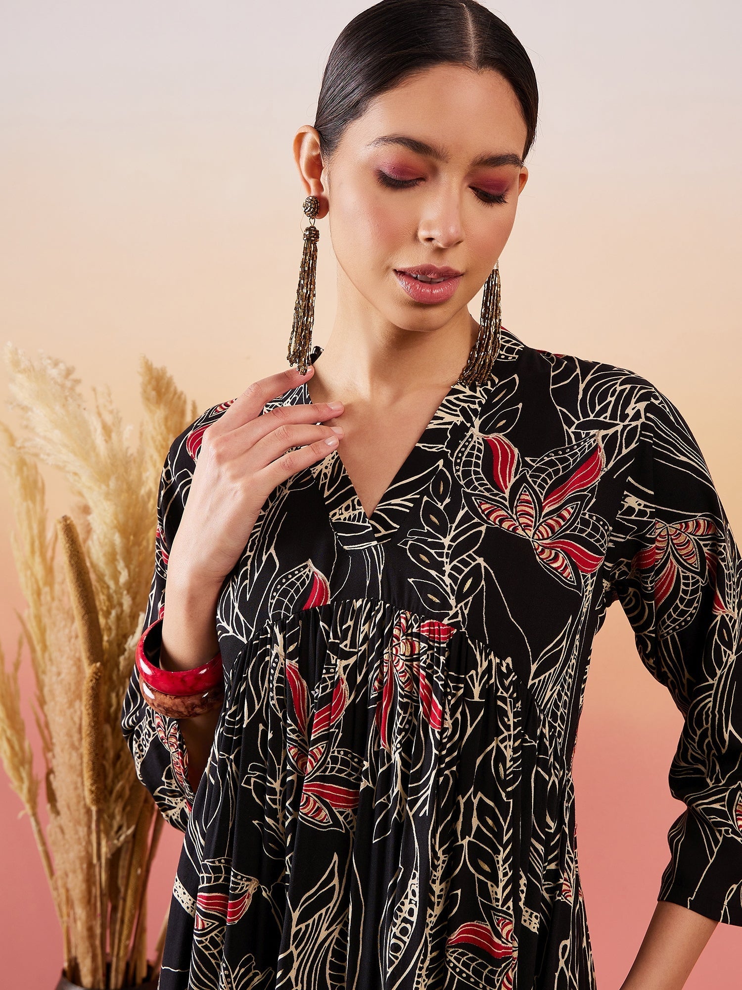 InWeave Black Beige Red Print Deep V Neck Flared Dress - Swadesiicart