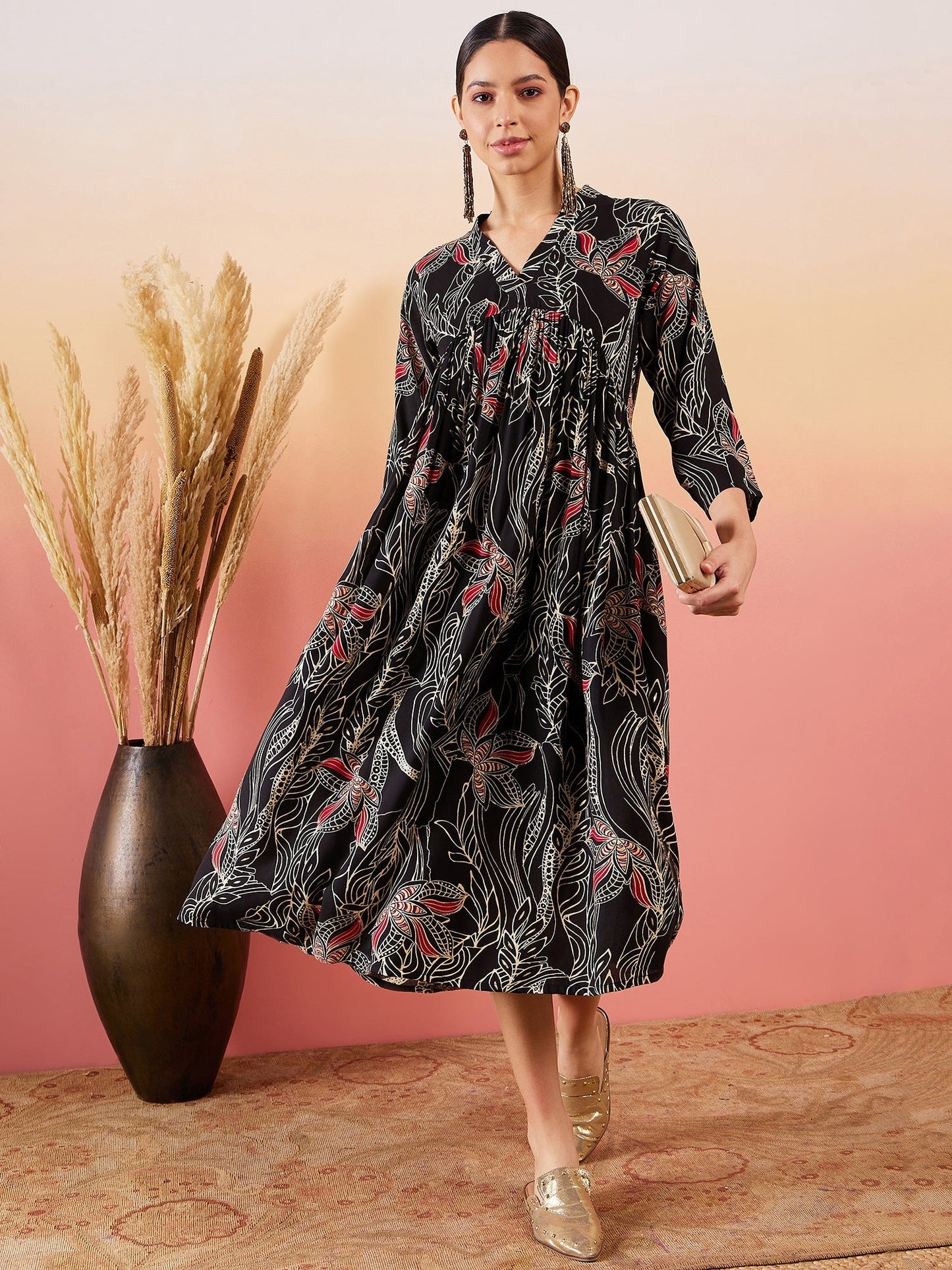 InWeave Black Beige Red Print Deep V Neck Flared Dress - Swadesiicart