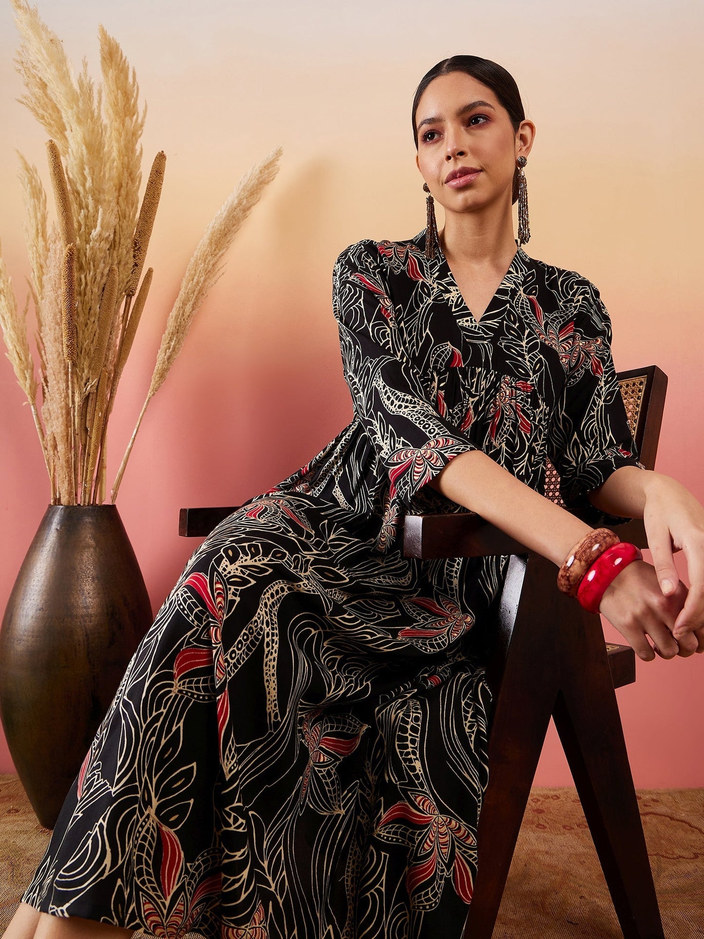 InWeave Black Beige Red Print Deep V Neck Flared Dress - Swadesiicart