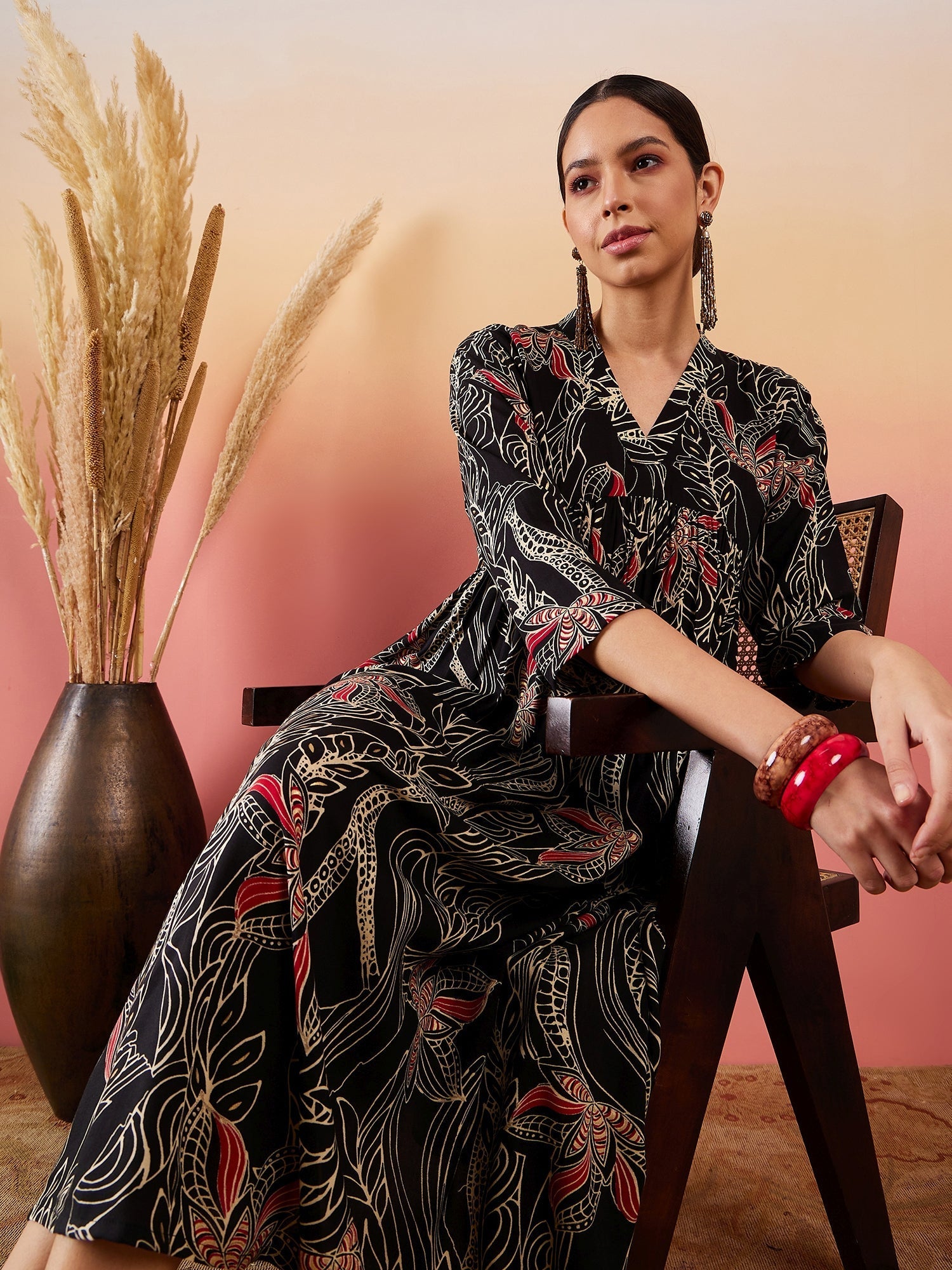 InWeave Black Beige Red Print Deep V Neck Flared Dress - Swadesiicart