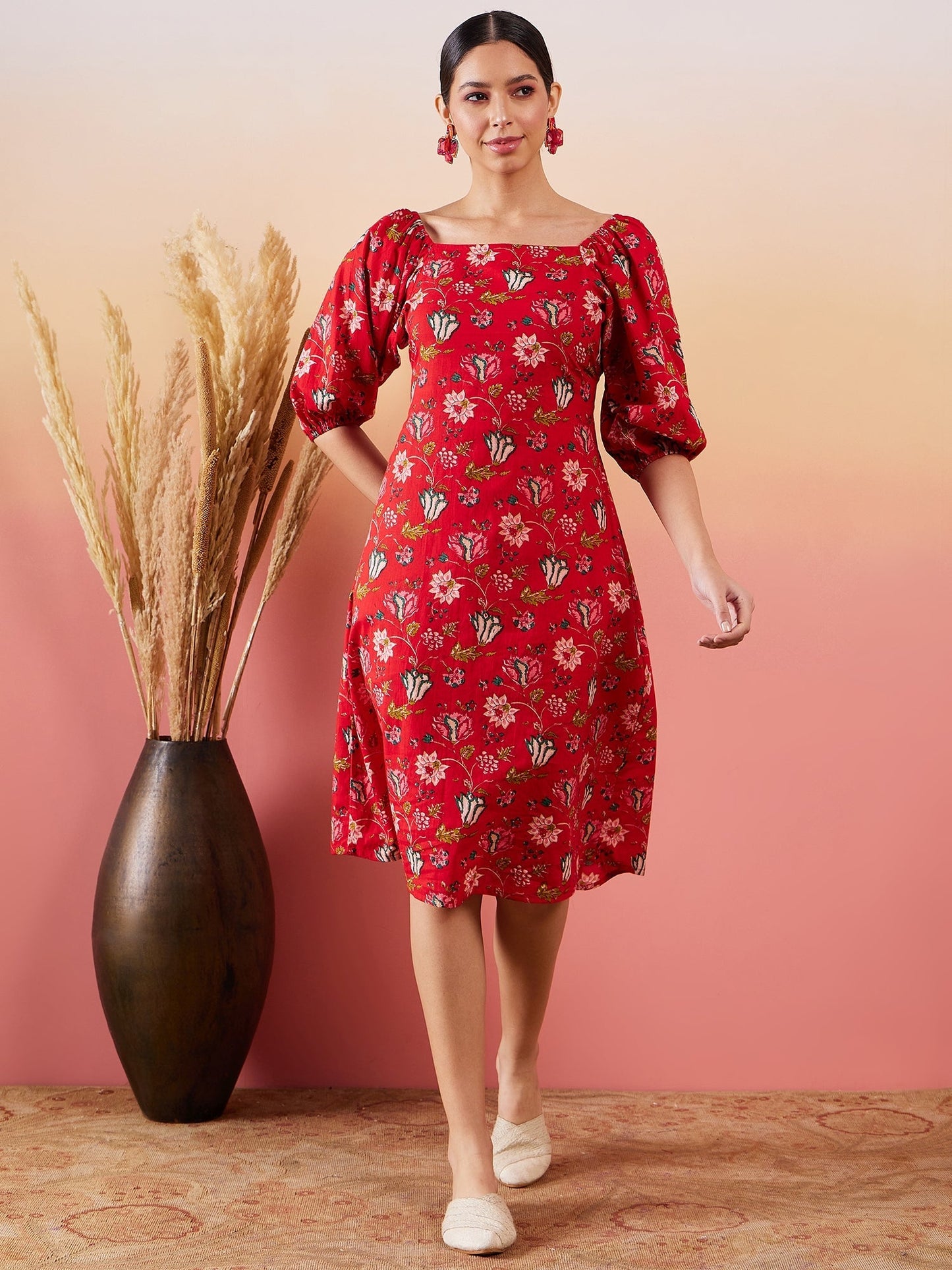 InWeave Red Bishop Sleeve Dress - Swadesiicart