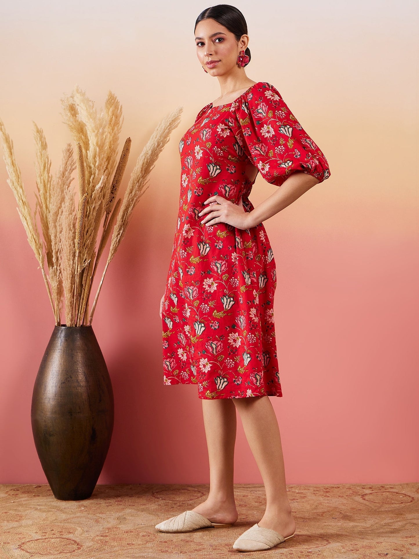 InWeave Red Bishop Sleeve Dress - Swadesiicart