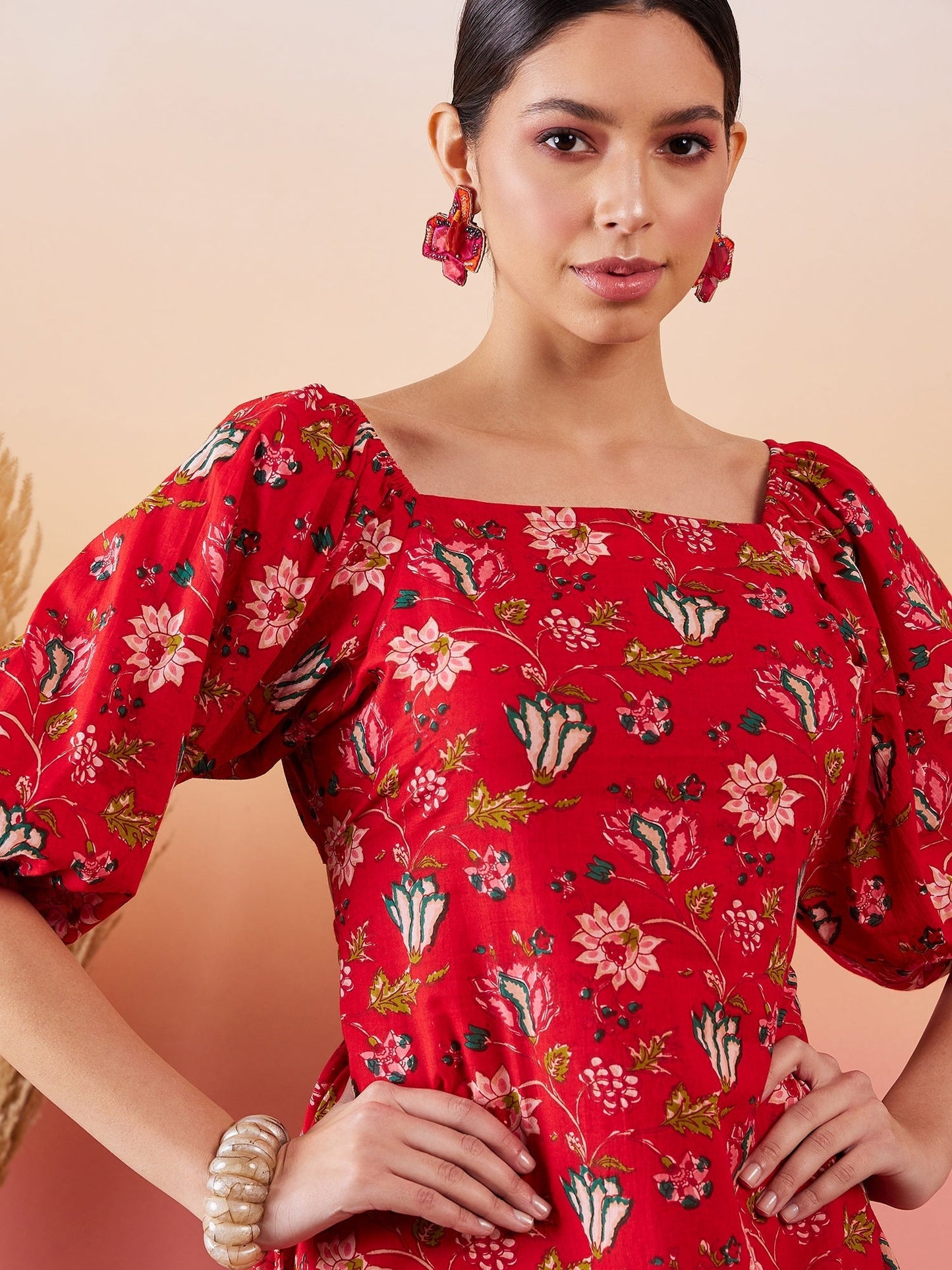 InWeave Red Bishop Sleeve Dress - Swadesiicart
