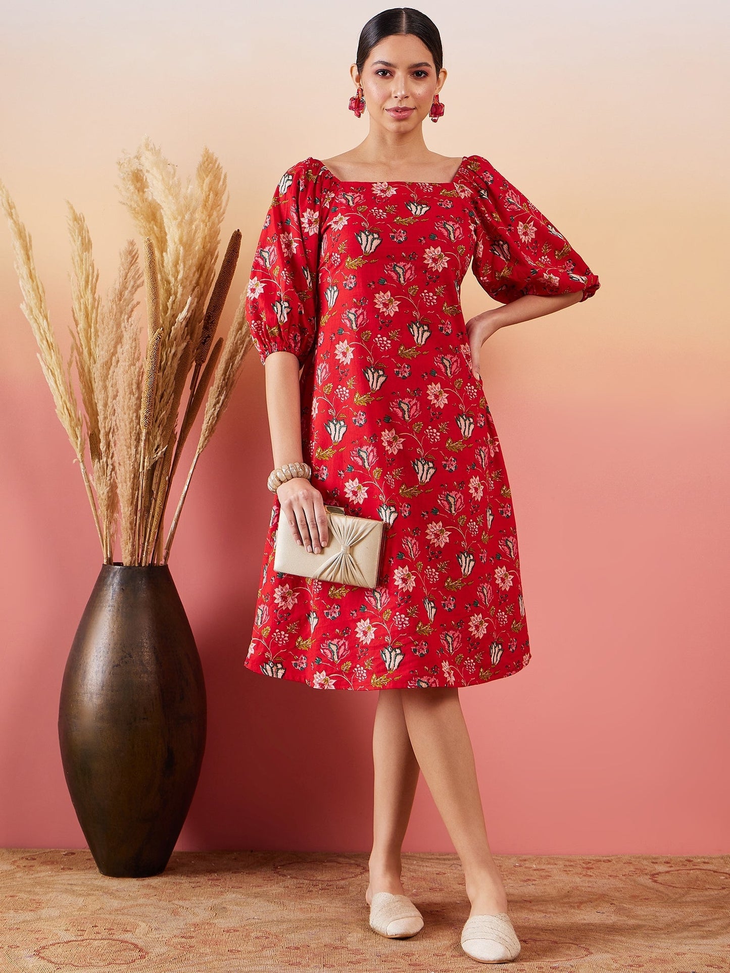 InWeave Red Bishop Sleeve Dress - Swadesiicart