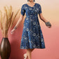 InWeave Indigo Floral Print Angrakha V Neck Belted A Line Dress - Swadesiicart