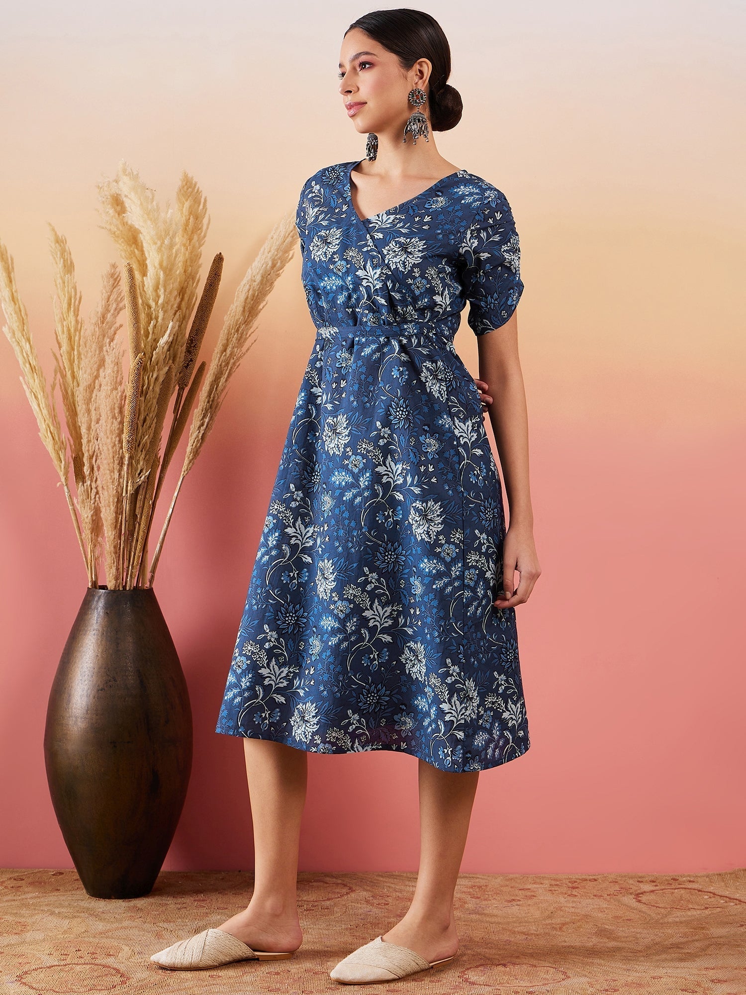 InWeave Indigo Floral Print Angrakha V Neck Belted A Line Dress - Swadesiicart