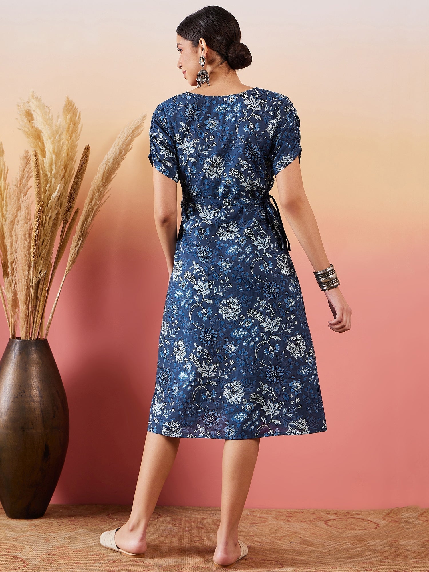 InWeave Indigo Floral Print Angrakha V Neck Belted A Line Dress - Swadesiicart