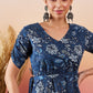 InWeave Indigo Floral Print Angrakha V Neck Belted A Line Dress - Swadesiicart