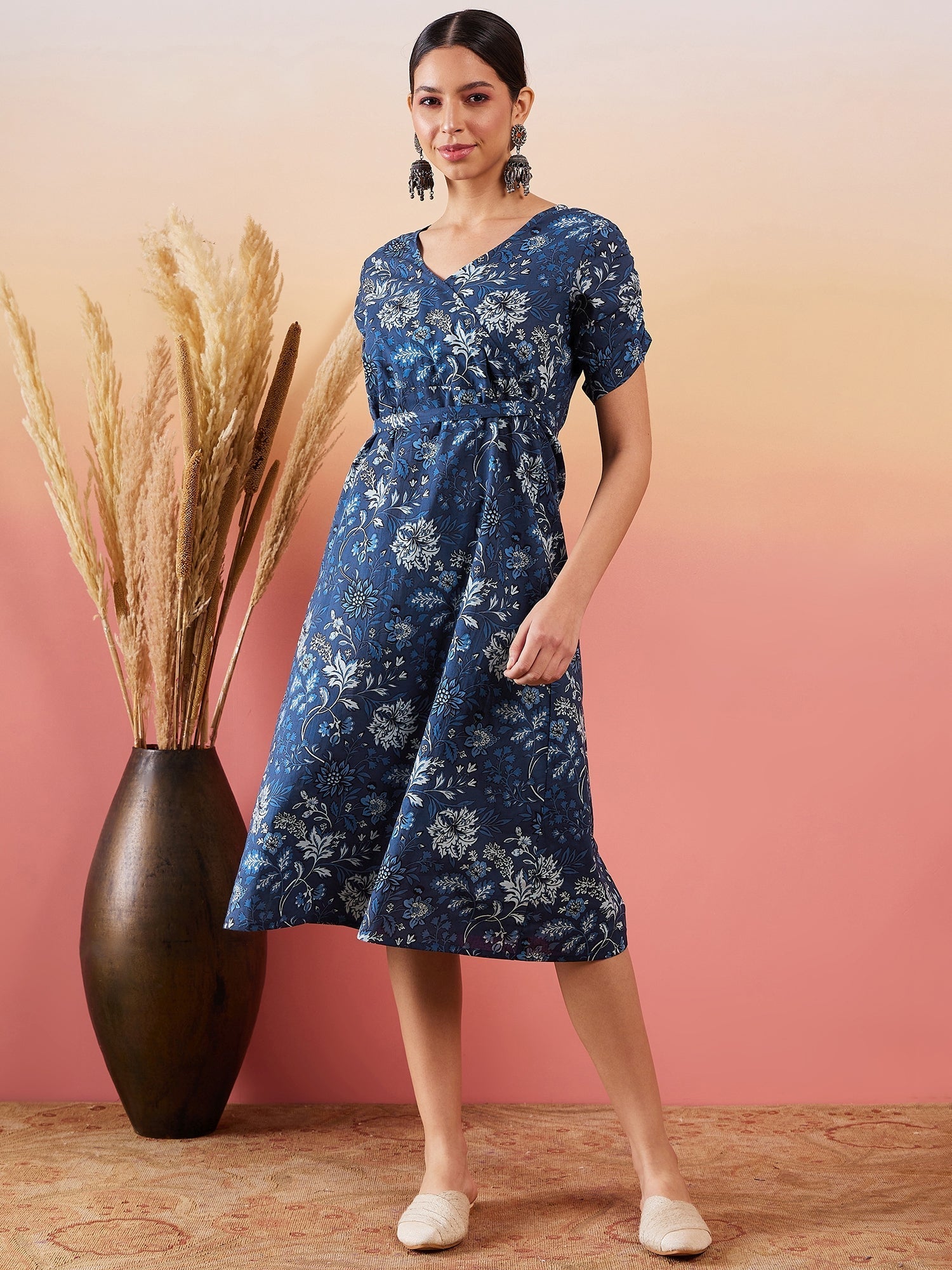 InWeave Indigo Floral Print Angrakha V Neck Belted A Line Dress - Swadesiicart
