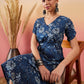 InWeave Indigo Floral Print Angrakha V Neck Belted A Line Dress - Swadesiicart