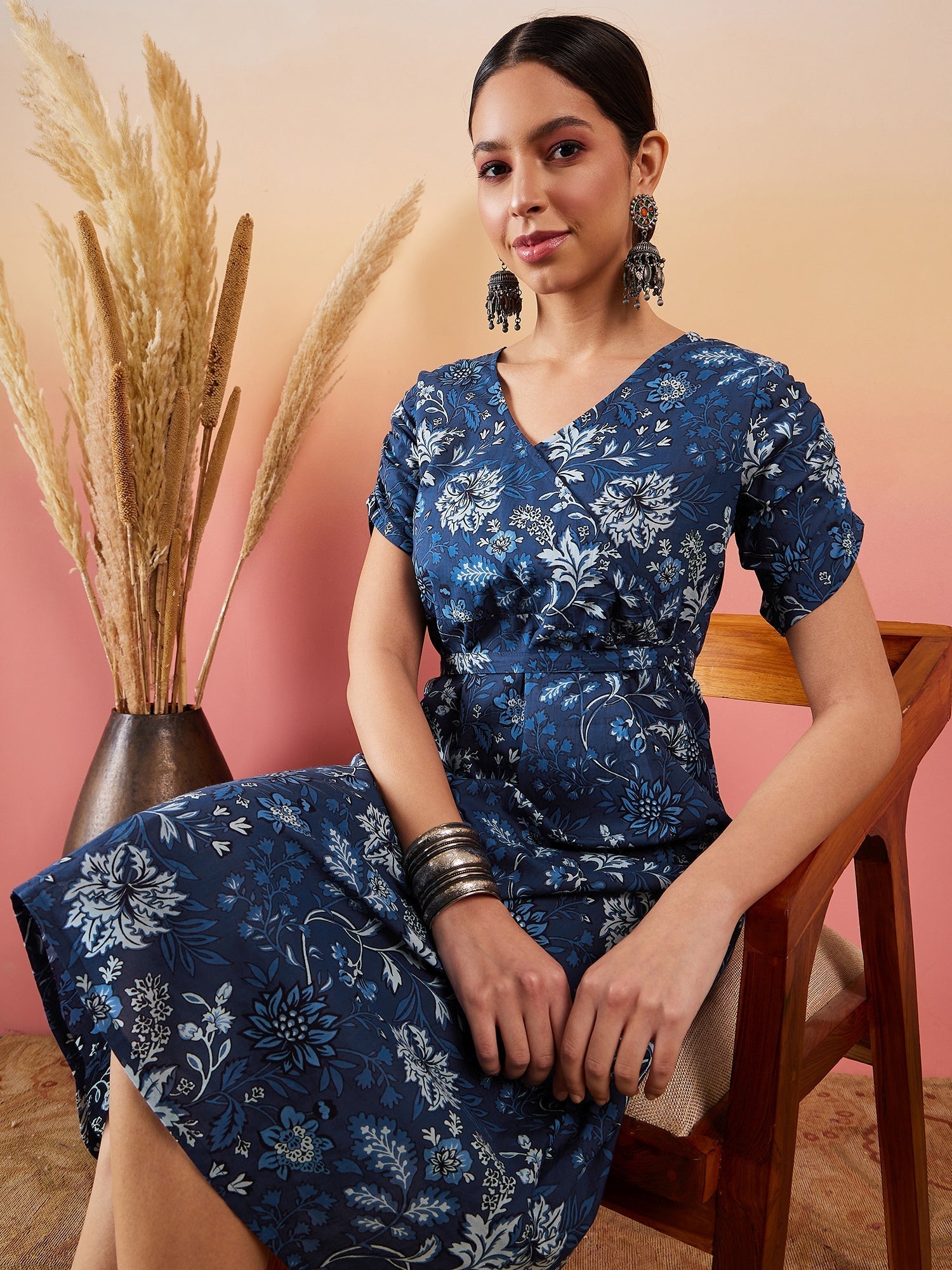 InWeave Indigo Floral Print Angrakha V Neck Belted A Line Dress - Swadesiicart