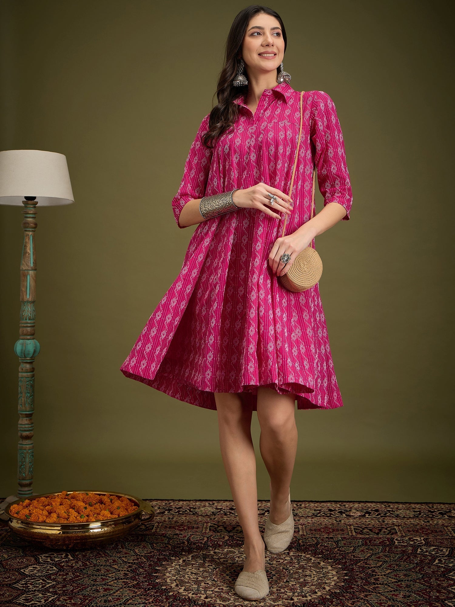 InWeave Fuchsia Ikkat Kantha Collar Flared Dress - Swadesiicart