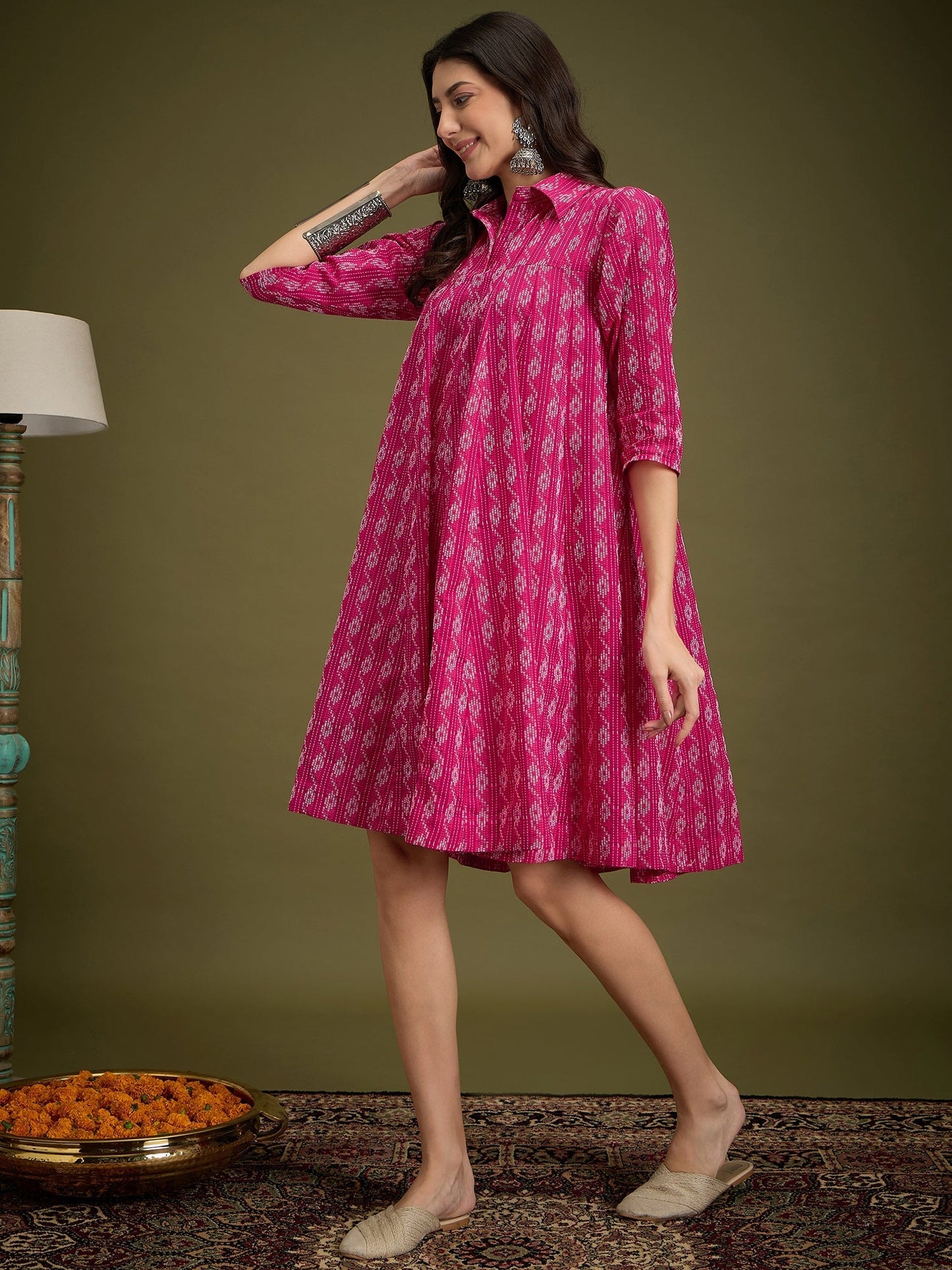 InWeave Fuchsia Ikkat Kantha Collar Flared Dress - Swadesiicart
