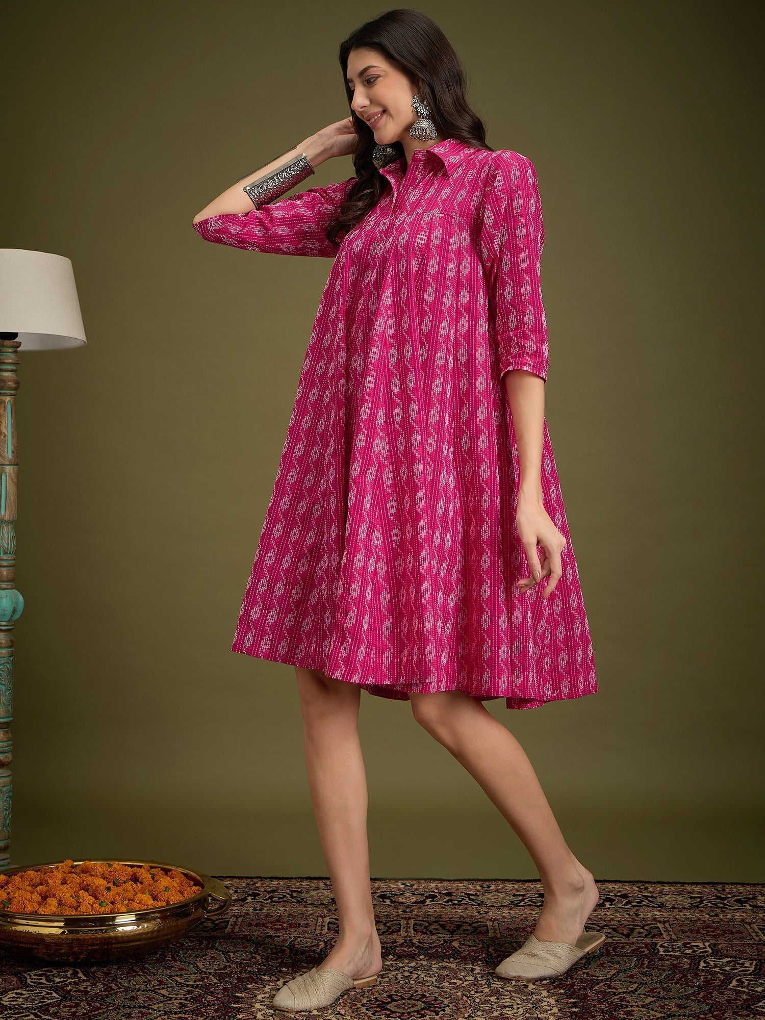 InWeave Fuchsia Ikkat Kantha Collar Flared Dress - Swadesiicart