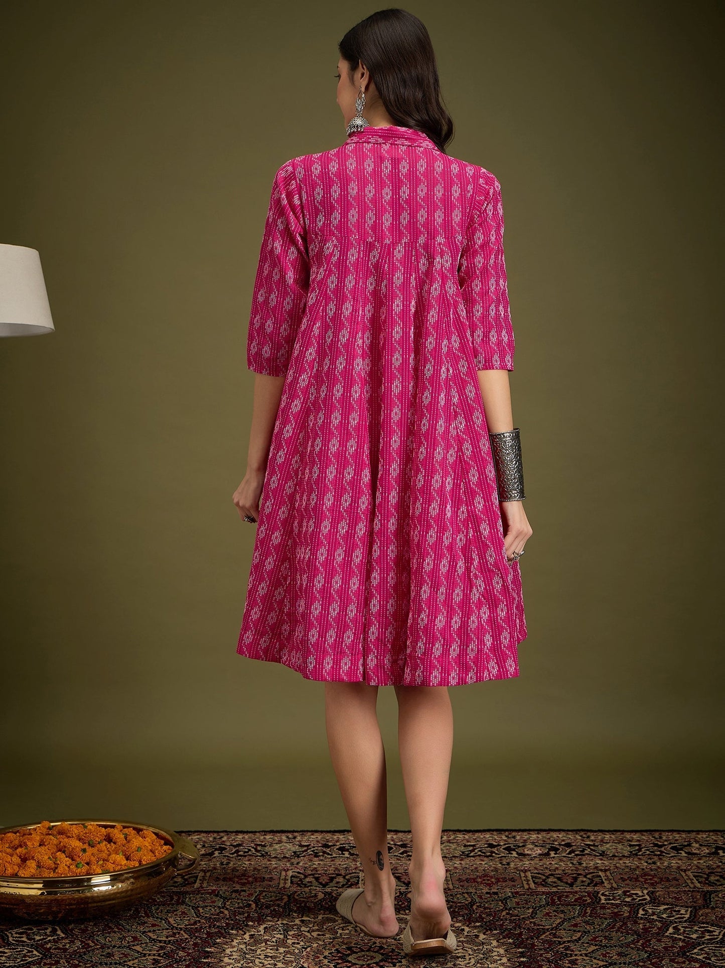 InWeave Fuchsia Ikkat Kantha Collar Flared Dress - Swadesiicart