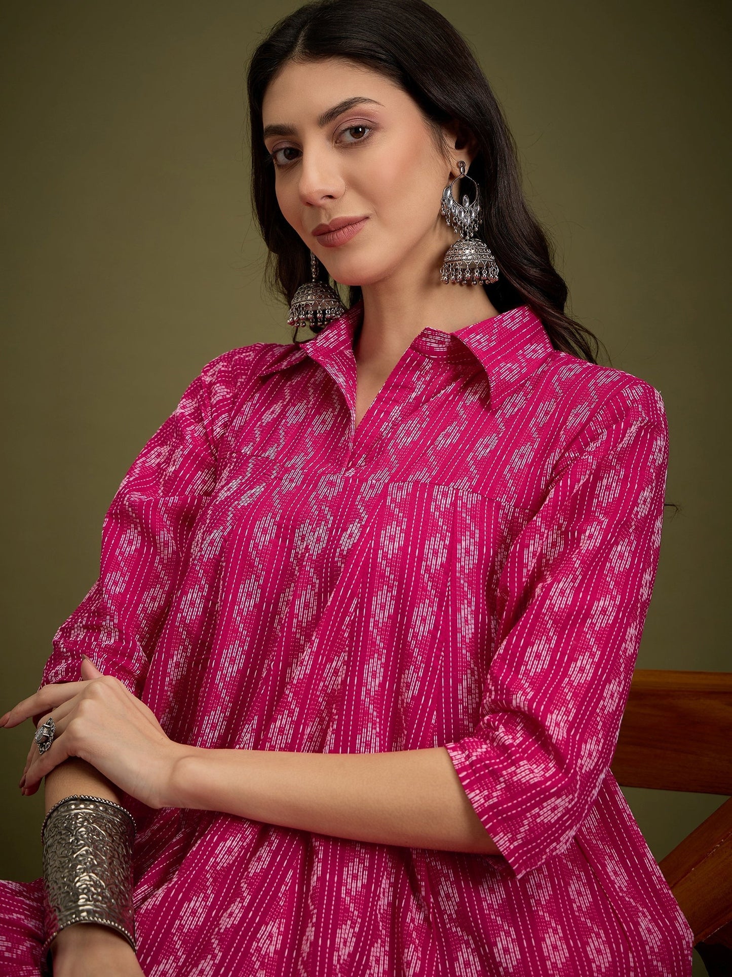 InWeave Fuchsia Ikkat Kantha Collar Flared Dress - Swadesiicart
