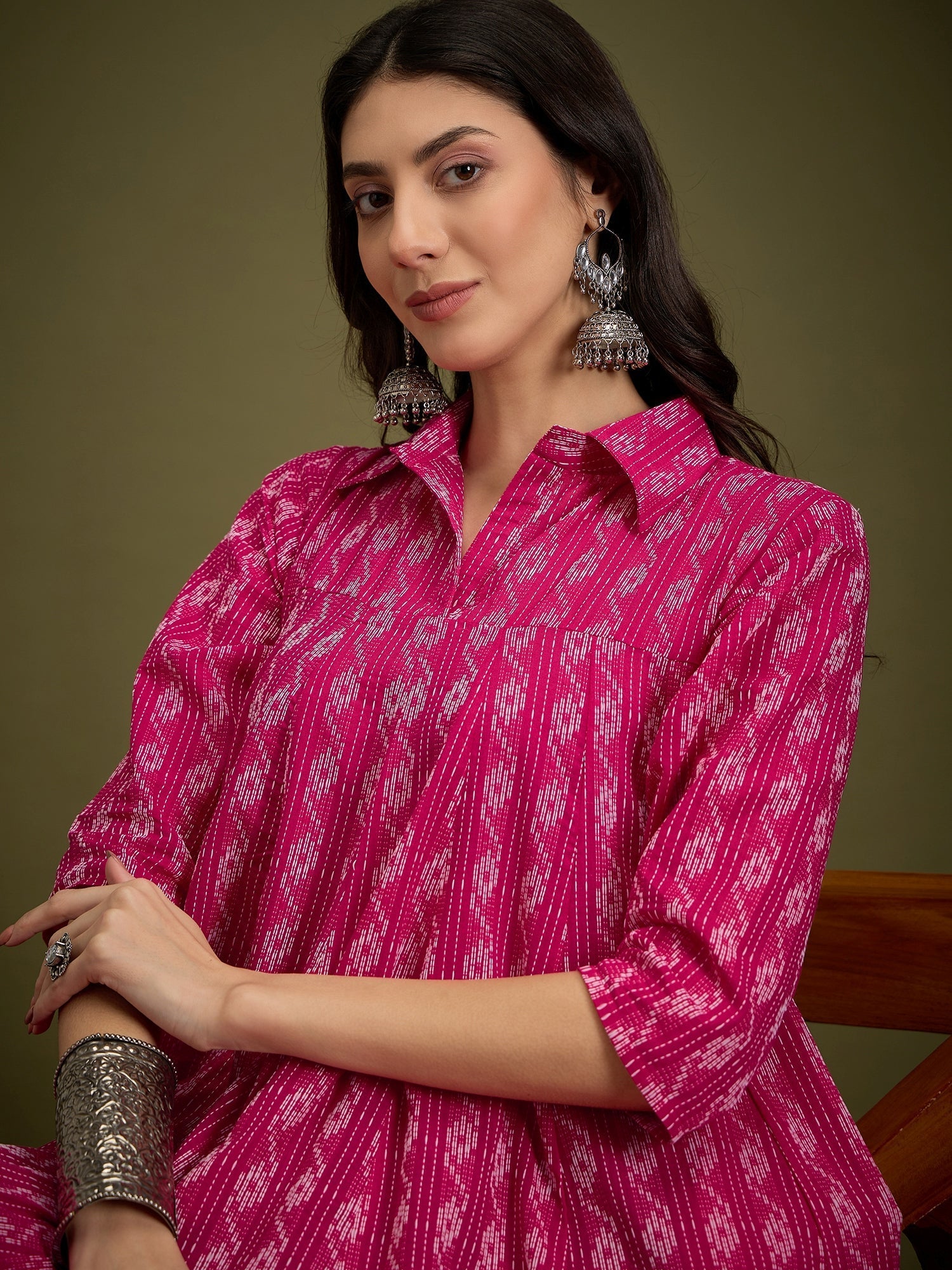 InWeave Fuchsia Ikkat Kantha Collar Flared Dress - Swadesiicart