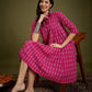 InWeave Fuchsia Ikkat Kantha Collar Flared Dress - Swadesiicart
