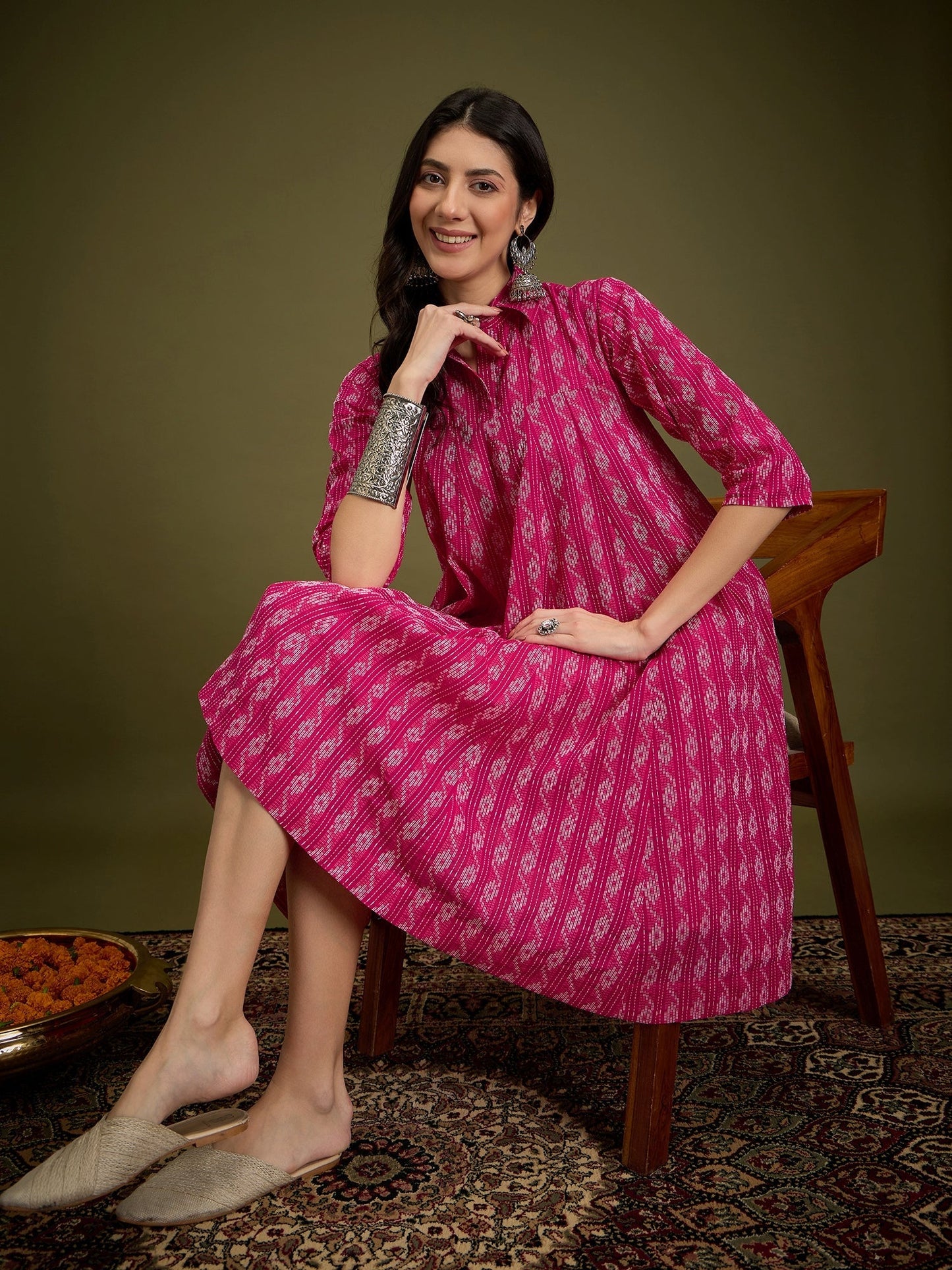 InWeave Fuchsia Ikkat Kantha Collar Flared Dress - Swadesiicart