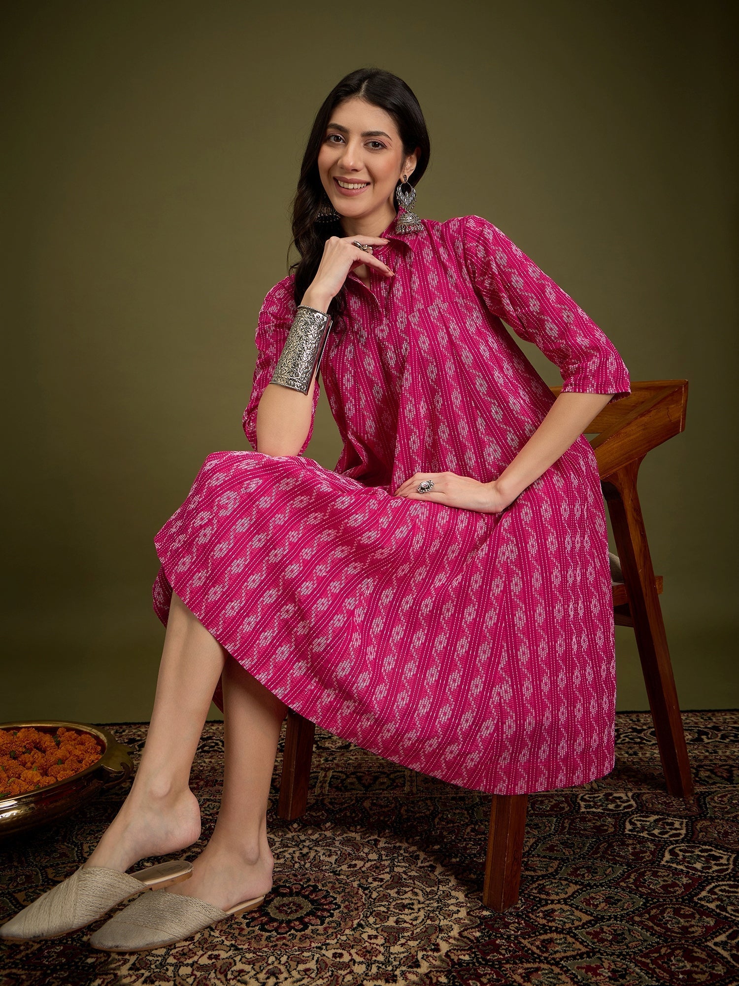 InWeave Fuchsia Ikkat Kantha Collar Flared Dress - Swadesiicart