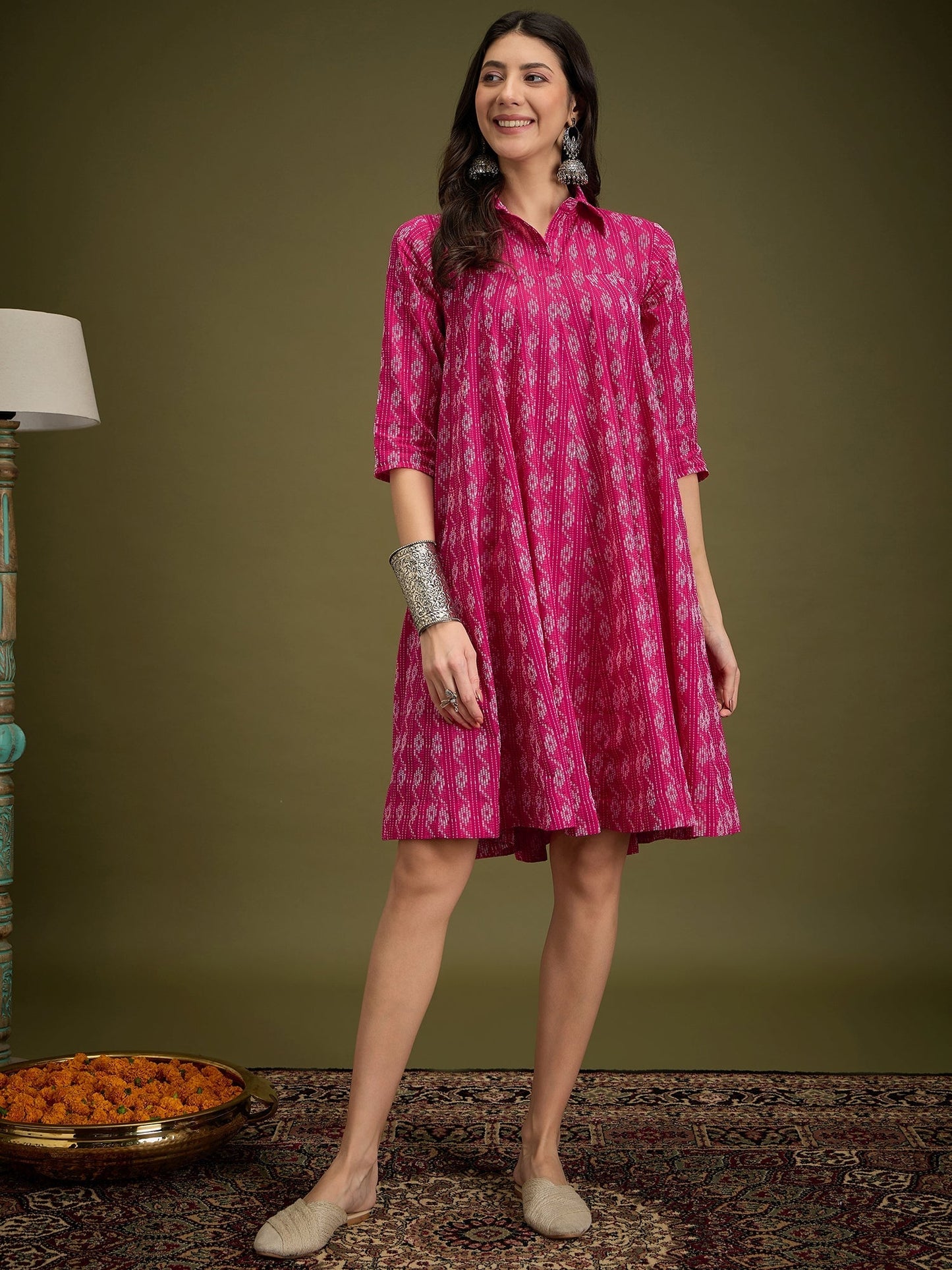 InWeave Fuchsia Ikkat Kantha Collar Flared Dress - Swadesiicart