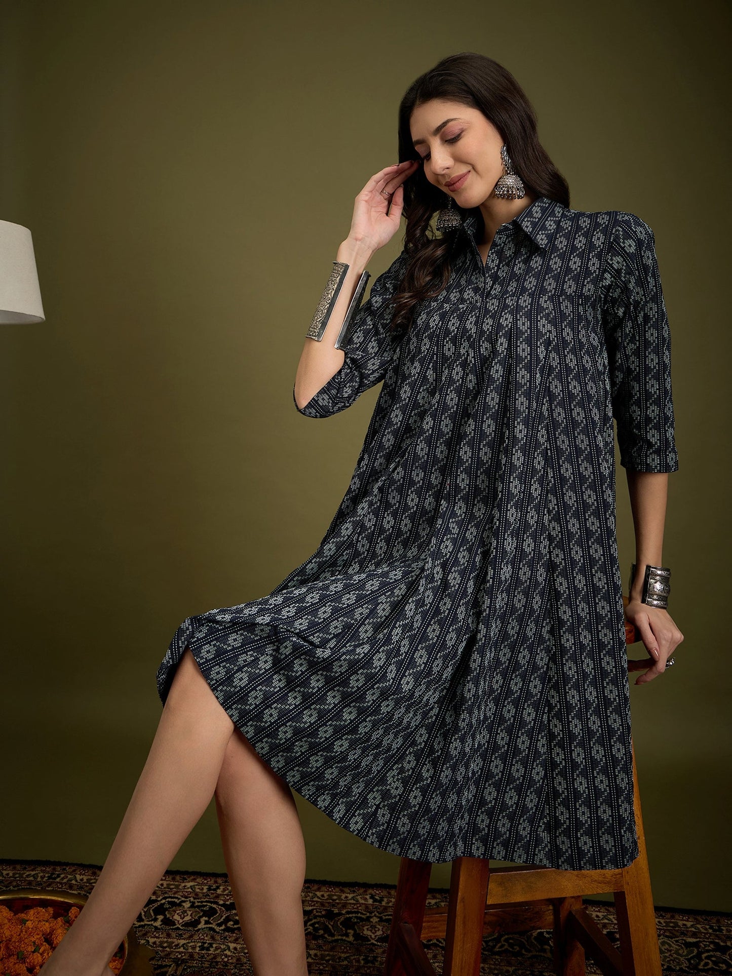 InWeave Black Ikkat Kantha Collar Flared Dress - Swadesiicart