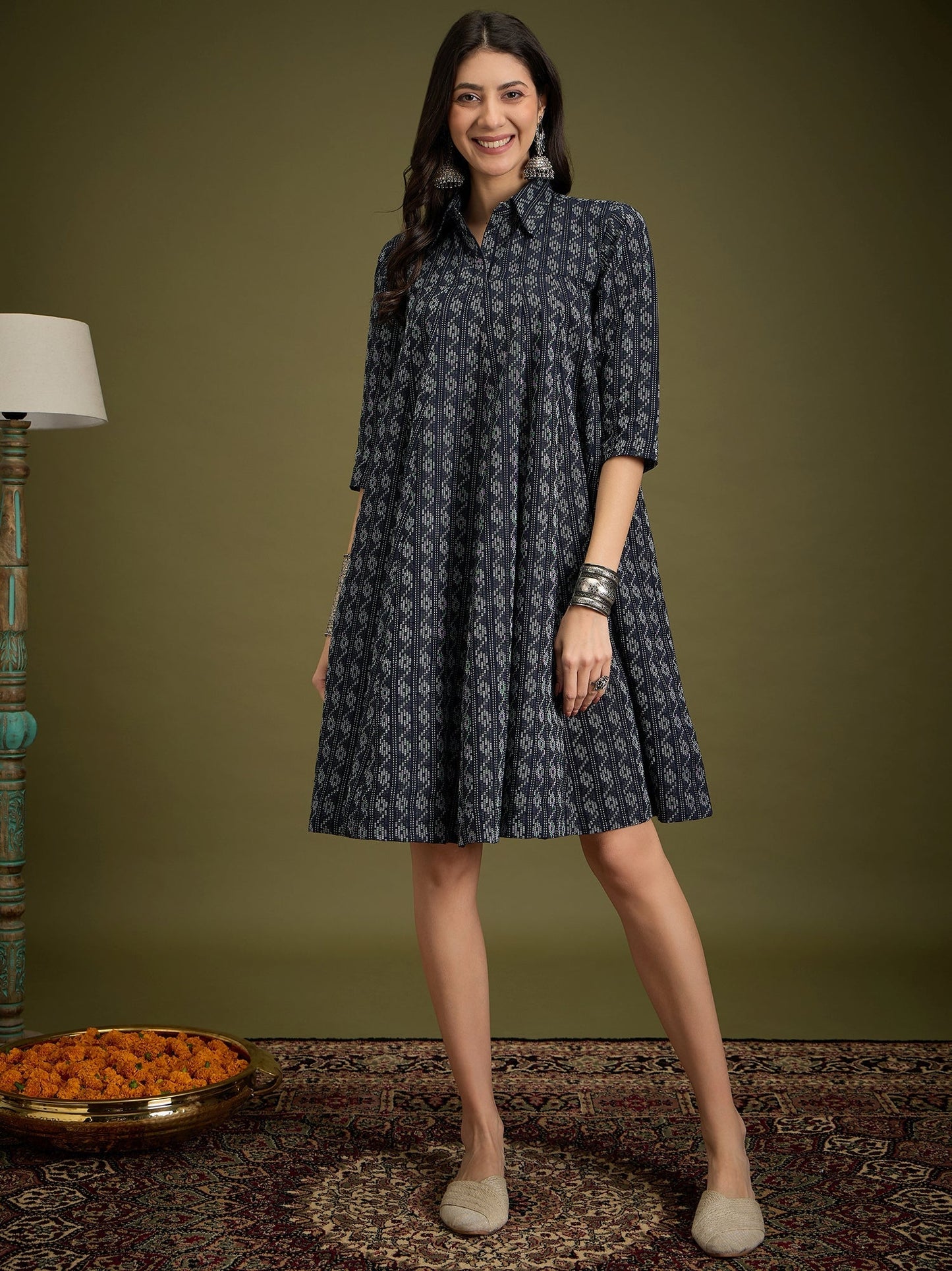 InWeave Black Ikkat Kantha Collar Flared Dress - Swadesiicart