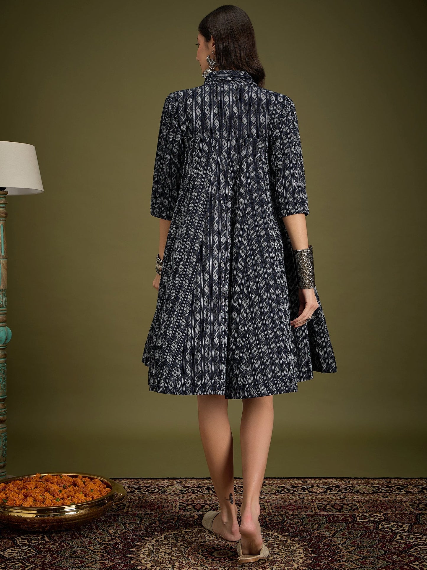 InWeave Black Ikkat Kantha Collar Flared Dress - Swadesiicart