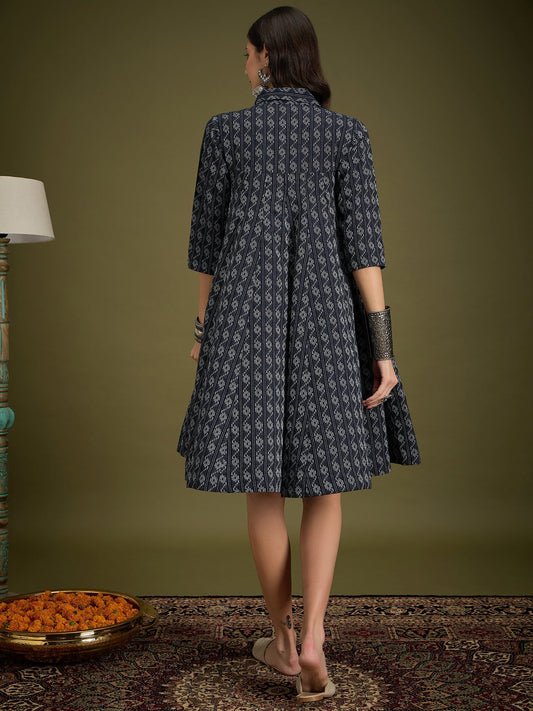 InWeave Black Ikkat Kantha Collar Flared Dress - Swadesiicart
