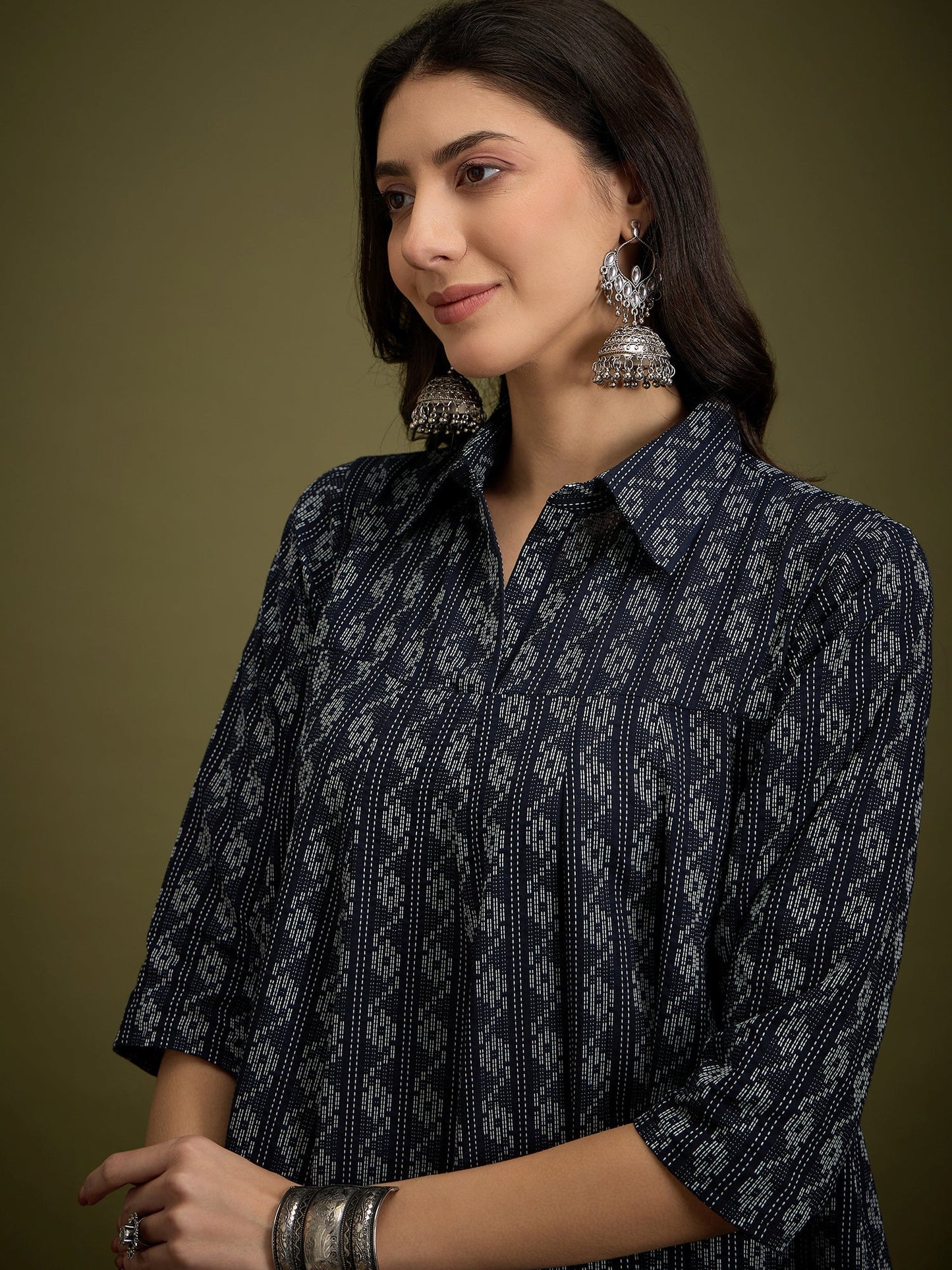 InWeave Black Ikkat Kantha Collar Flared Dress - Swadesiicart