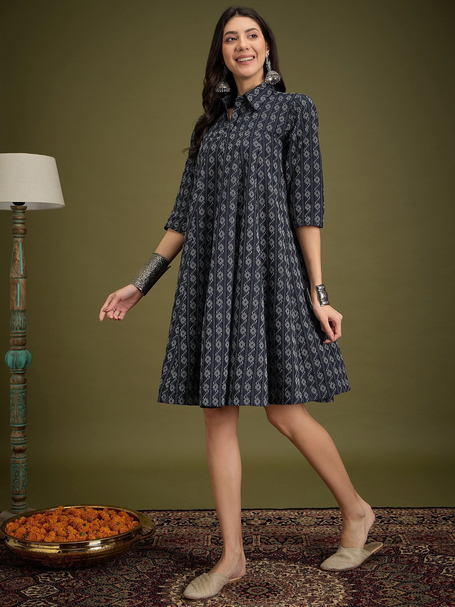 InWeave Black Ikkat Kantha Collar Flared Dress - Swadesiicart