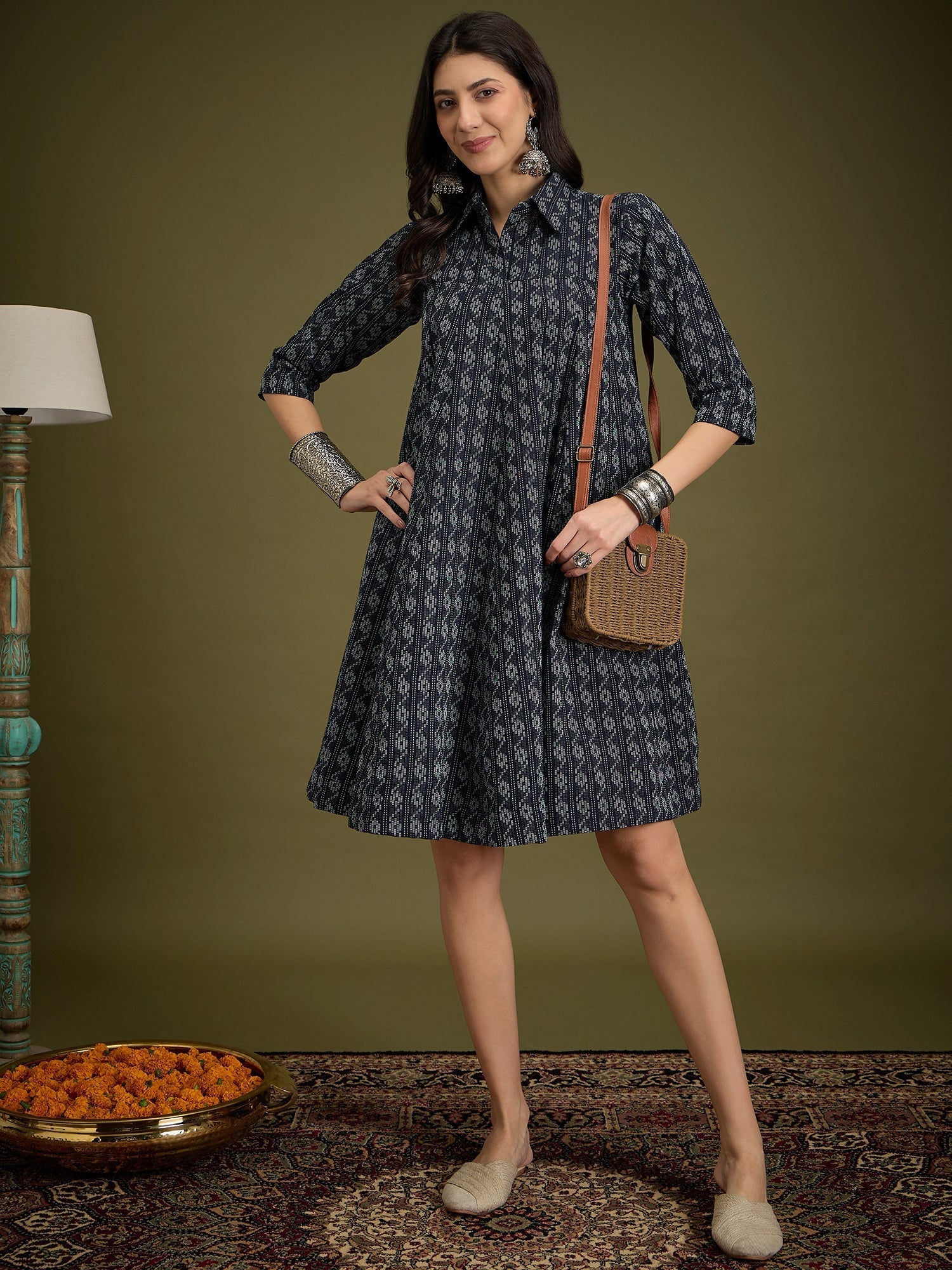 InWeave Black Ikkat Kantha Collar Flared Dress - Swadesiicart