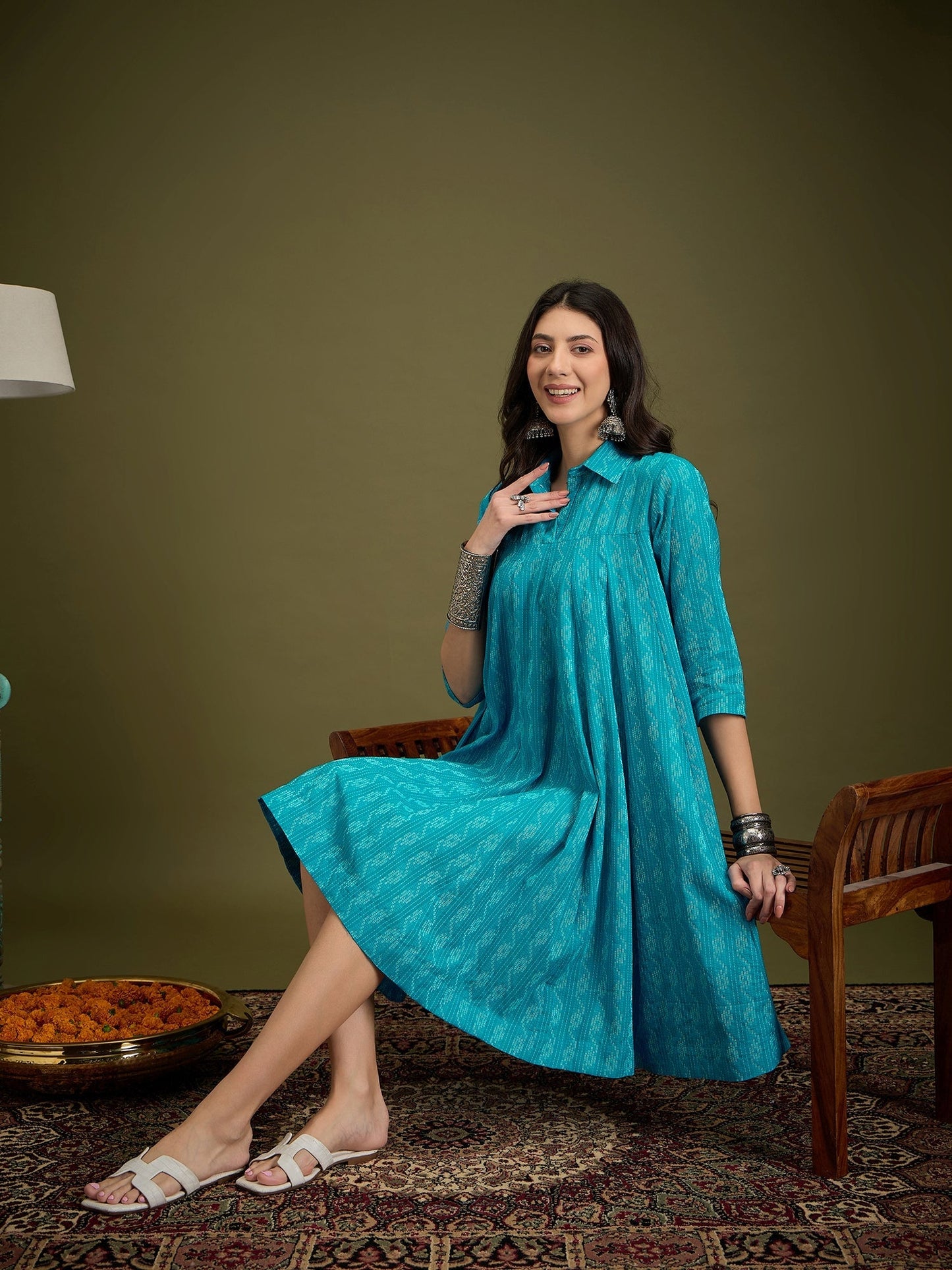 InWeave Cyan Blue Ikkat Kantha Collar Flared Dress - Swadesiicart