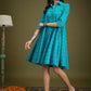 InWeave Cyan Blue Ikkat Kantha Collar Flared Dress - Swadesiicart